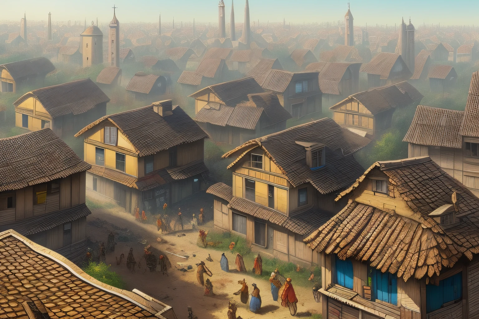 Cartoon photo of a small town with a lot of buildings, Ruined town, Tavern background, Streets of Baldur's Gate, Background art, Slum Street, Medieval concept art, a small medieval village, Shanti Township, Background of the town, Dystopian slums, Quaint village, Post-grunge concept art, inspired by Carl Spitzweg, medieval village