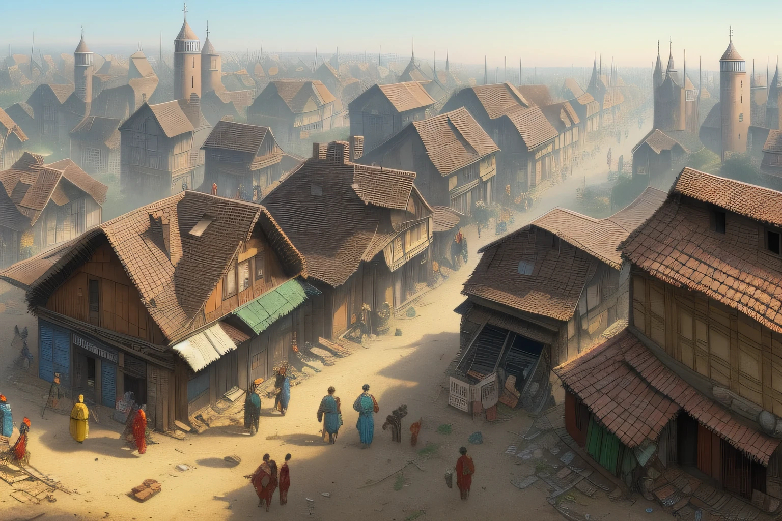 Cartoon photo of a small town with a lot of buildings, Ruined town, Tavern background, Streets of Baldur's Gate, Background art, Slum Street, Medieval concept art, a small medieval village, Shanti Township, Background of the town, Dystopian slums, Quaint village, Post-grunge concept art, inspired by Carl Spitzweg, medieval village