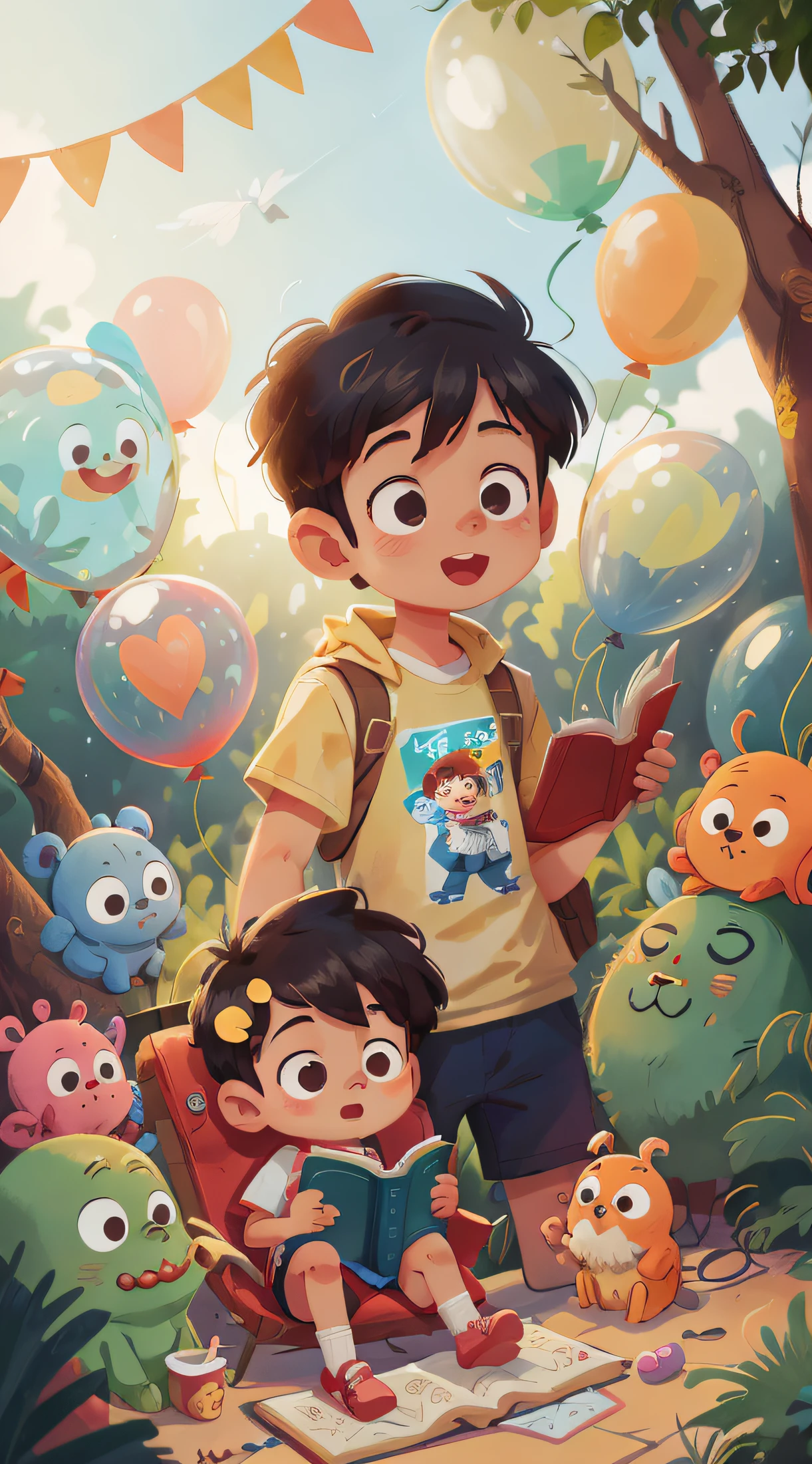 A boy child reading a book, reading, zoo, many balloons, happy, happy, perfect quality, clear focus (clutter-home: 0.8), (masterpiece: 1.2) (Realistic: 1.2) (Bokeh) (Best quality) (Detailed skin: 1.3) (Intricate details) (8K) (Detail Eyes) (Sharp Focus), (Happy) --auto