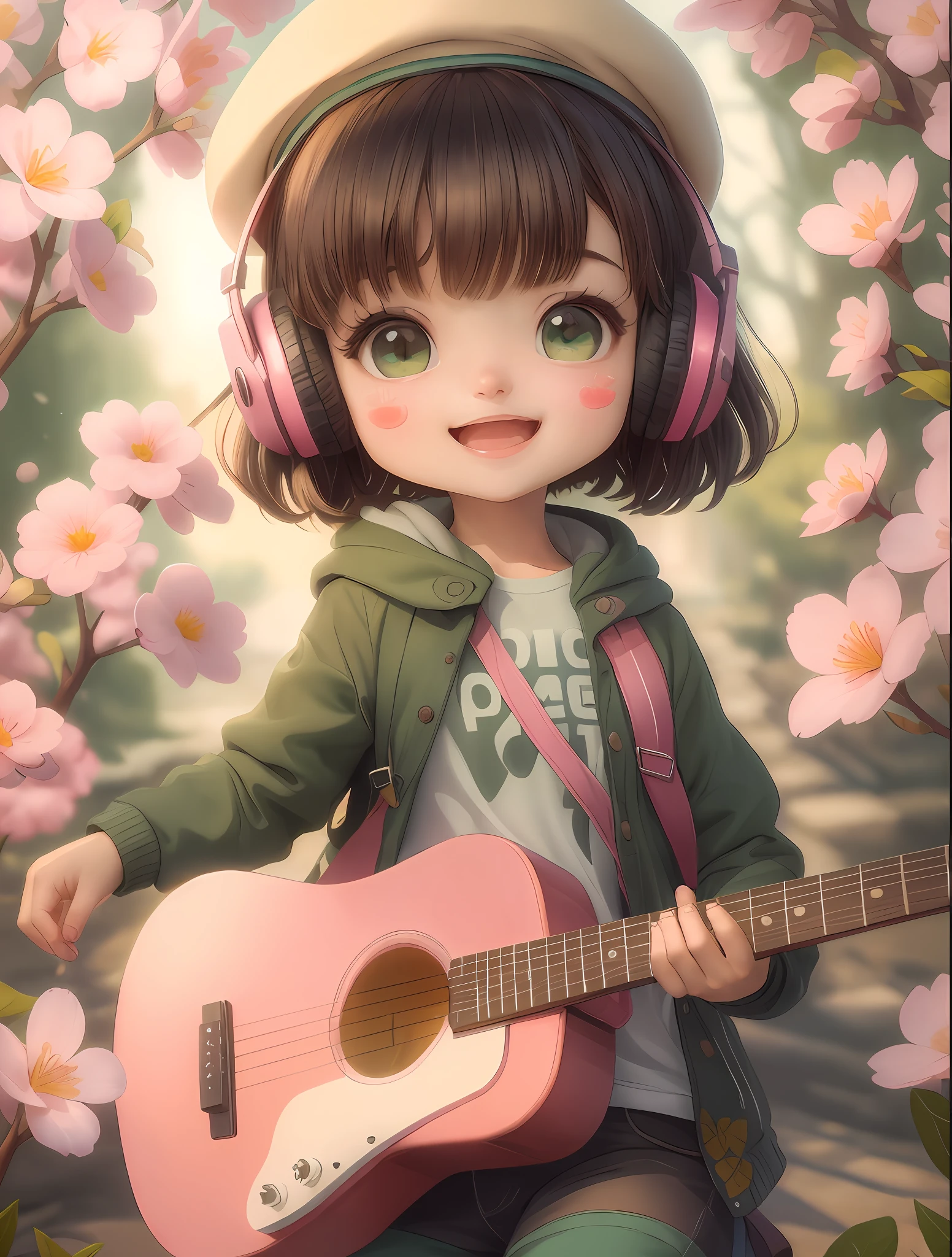 (masterpiece),(best quality),(ultra-detailed), (full body:1.2), 1girl,chibi,cute, smile, open mouth, flower, outdoors, playing guitar, music, beret, holding guitar, jacket, blush, tree, :3, shirt, short hair, cherry blossoms, green headwear, blurry, brown hair, blush stickers, long sleeves, bangs, headphones, black hair, pink flower, (beautiful detailed face), (beautiful detailed eyes),