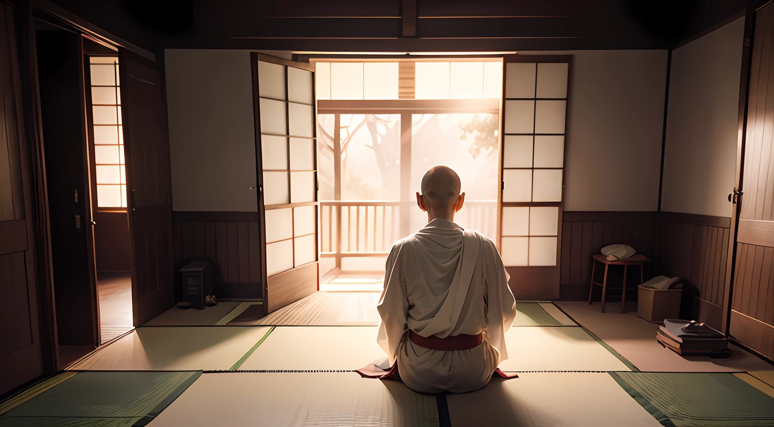 Japanese Buddhist Monks, Age 60, black-and-white drawing, 1 person, wears a white robe, back facing, ,we can't see his face, In a ruinous house of wood, he sitting and praying alone, There is no furniture in the room and room is very small, The sun is coming through, Center of the picture, 4K