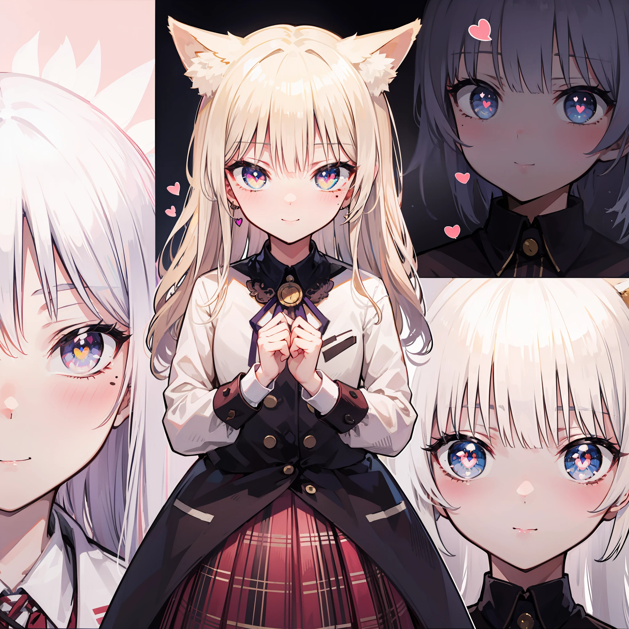 Striped hair, Blonde hair, Curly hair, bangs, crossed bangs, Long hair, Very long hair, Moles under the mouth, Moles under eyes, Heart-shaped pupils, Fox ears, Fox ears, Ear blush, Seductive smile, Ear blush, hearts in eyes, full blush, torogao, nose blush, Anime, stereograms, character sheets, angle of view, Eye level shots, hyper HD，JK plaid skirt