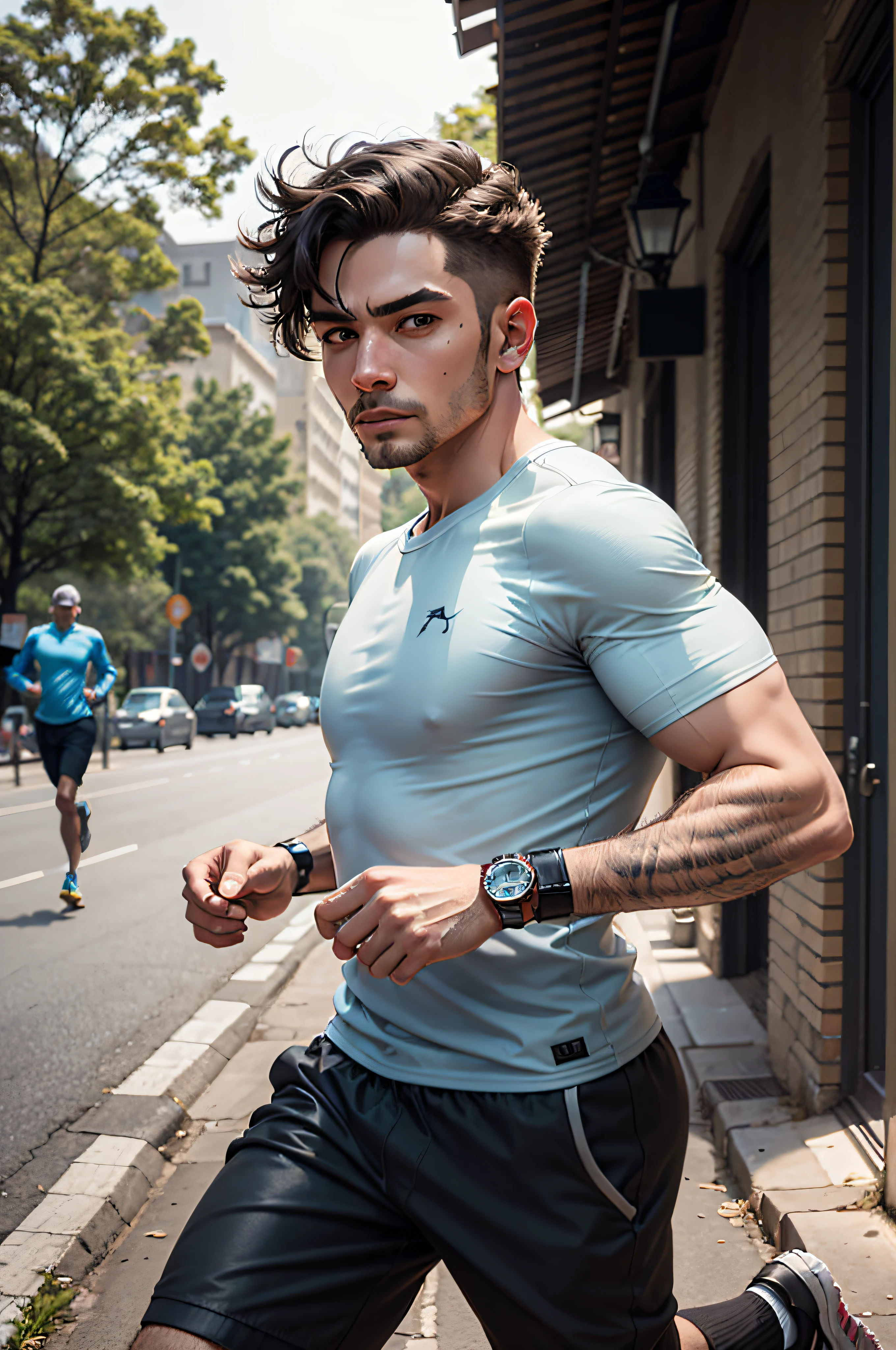 male people,On the road,jogging,exteriors,k hd,The face is slightly sideways,45° lens --auto