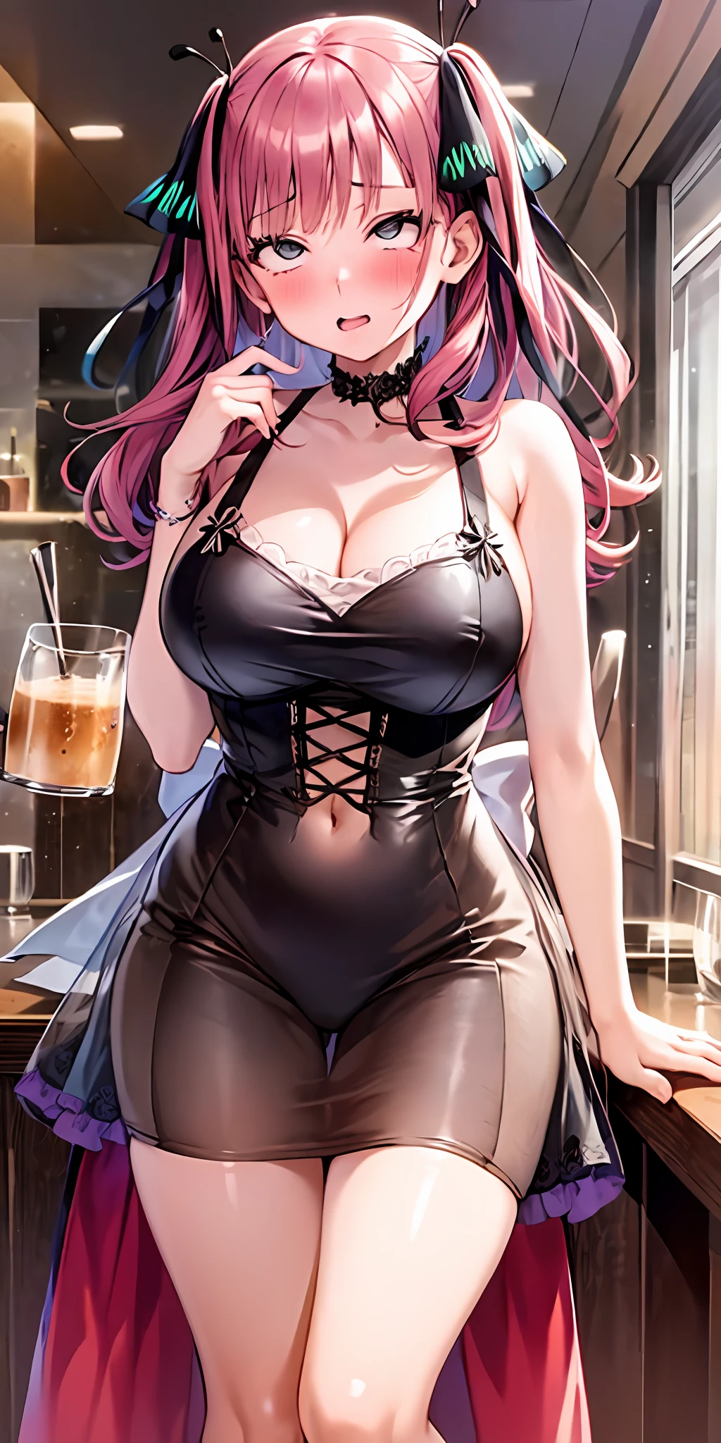 1girl, solo, nakano nino, pink hair, butterfly hair ornament, (naked:1.3), (white apron), large breasts, cleavage, thighs, cafe background, (blushing:1.3)