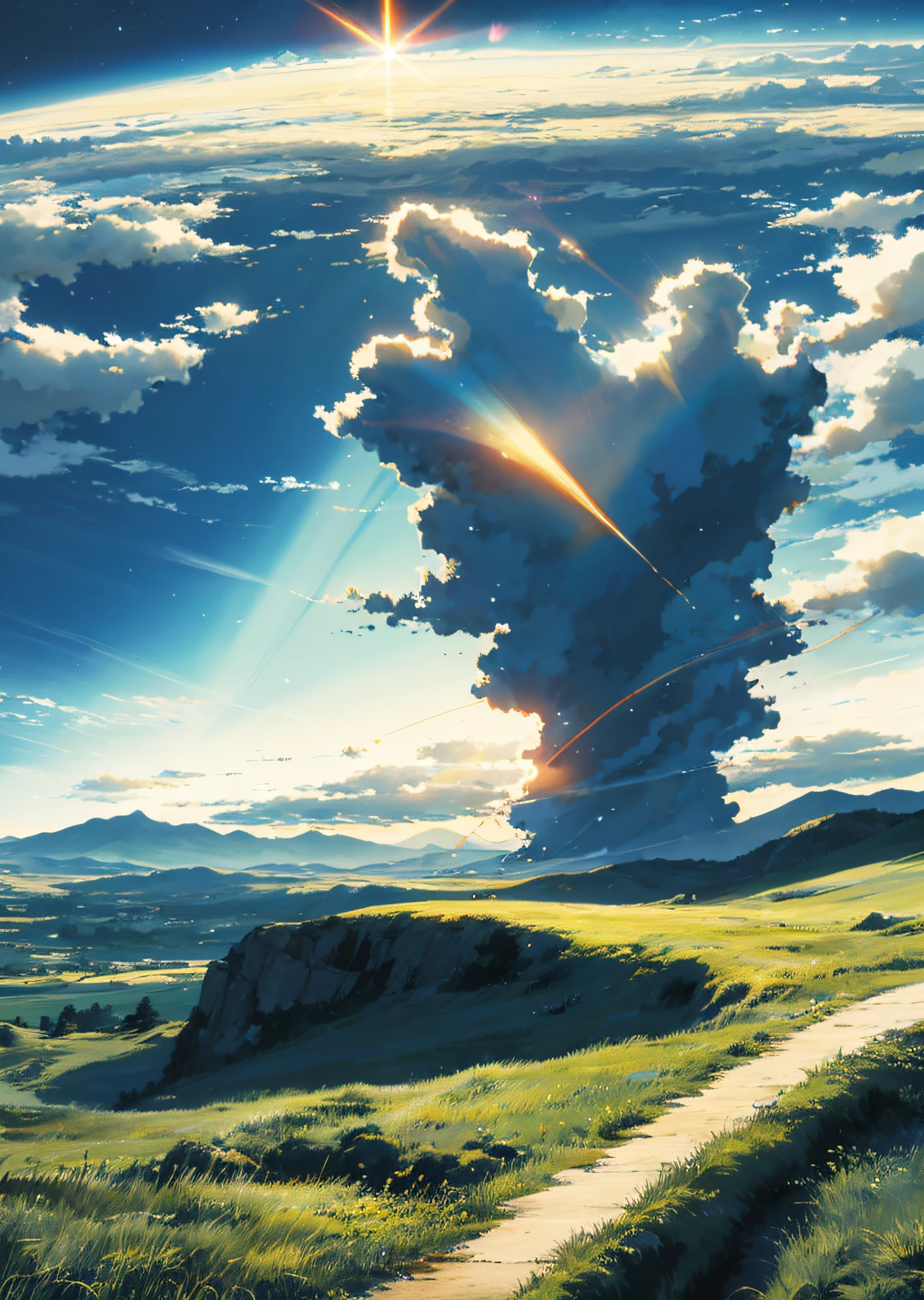 Vast sky, beautiful skyline, large grassland, moving visual effects, hanging north star, colorful natural light.