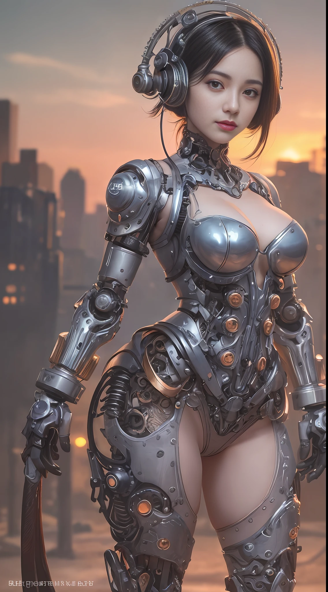 Cute young biomechanical steampunk cyborg woman realistic movie shallow focus scene, More about her full-body steampunk、Stands in fluid movement in a simple barren place with stunning cloud landscapes and sunsets、Hydraulic cylinder、meter、pipes、LED lamps、gear wheel、
The cleavage is visible、
(wearing futuristic clothing (tangerine:0.3) Her intricate and detailed anatomically sculpted biomechanical graphite steampunk body, (Biomechanical Graphite Steampunk Cyborg Grady、Intricately detailed anatomically sculpted with goth details).Futuristic headset、
(Anatomically sculpted biomechanical graphite steampunk cyborg、More on the elegant and glamorous goth loliles, Wires and microchips are、Skillfully on her female cyborg body)
Slender hot fit body with a gorgeous young round face, expressive big round eyes,
Captured with bright natural light and beautiful vibrant colors. Stunning steampunk-style 8K resolution images.
The scene has a strong heroic unconquerable mood, a masterful complete scene of the female full body standing with a happy expression.