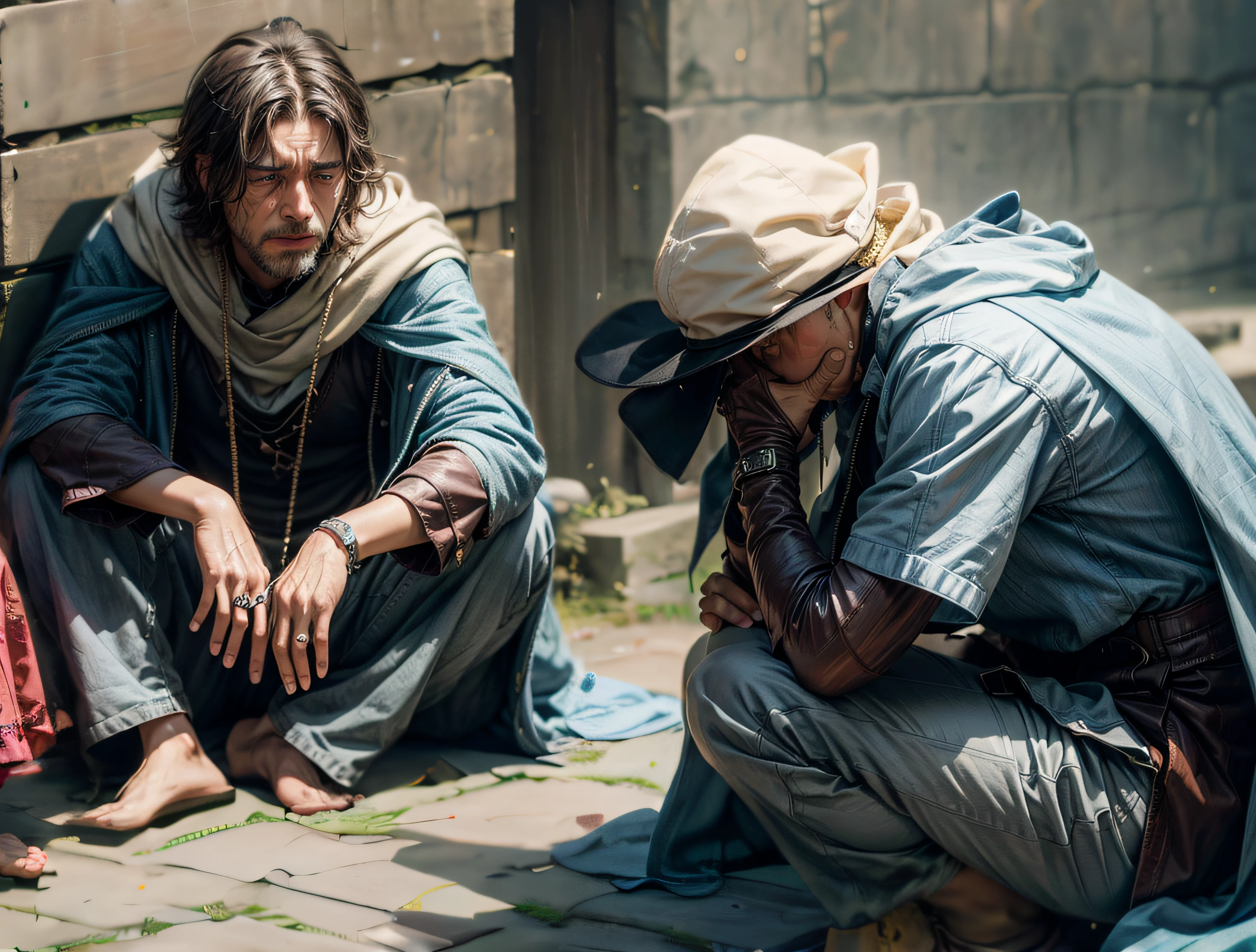 （Realistis：1.4），medieval times，8K，After the war，wide wide shot，Close-up，A man looks at a crying woman，Homem de meia idade，The woman crouched on the ground，The woman covered her face and cried