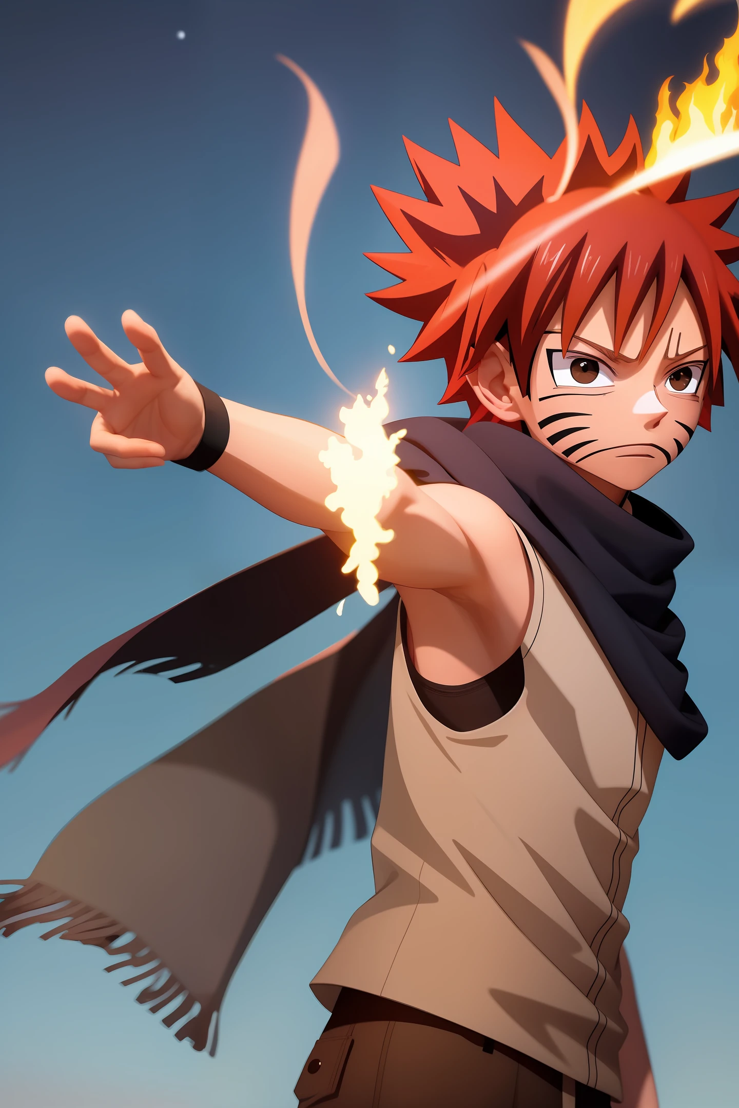 (((1boy, (natsu_dragneel:1.2), scarf, sleeveless, black eyes, fire, arm up,))) default_outfit, standing,  looking_at_viewer, solo, male_focus, Cowboy_shot,  close up portrait, outdoors, (night, dark:1.25), street, (darkestdiffusion style:0.6), (evreka15 style:0.6), best quality, absurdres, highres, (original), (extremely detailed wallpaper), 8k, (color), (trending on artstation, cgsociety, pixiv:0.85), highly detailed, (coherent:1.5), (beautiful composition:1.2),  (dynamic lighting), (intricate:1.15), (symmetrical:1.1), (hd:1.25), (masterpiece:0.9), (by atey ghailan and anton fadeev:0.9), [light_rays], moon,  (blurry_background, depth of field:0.5), 
Official_Art,