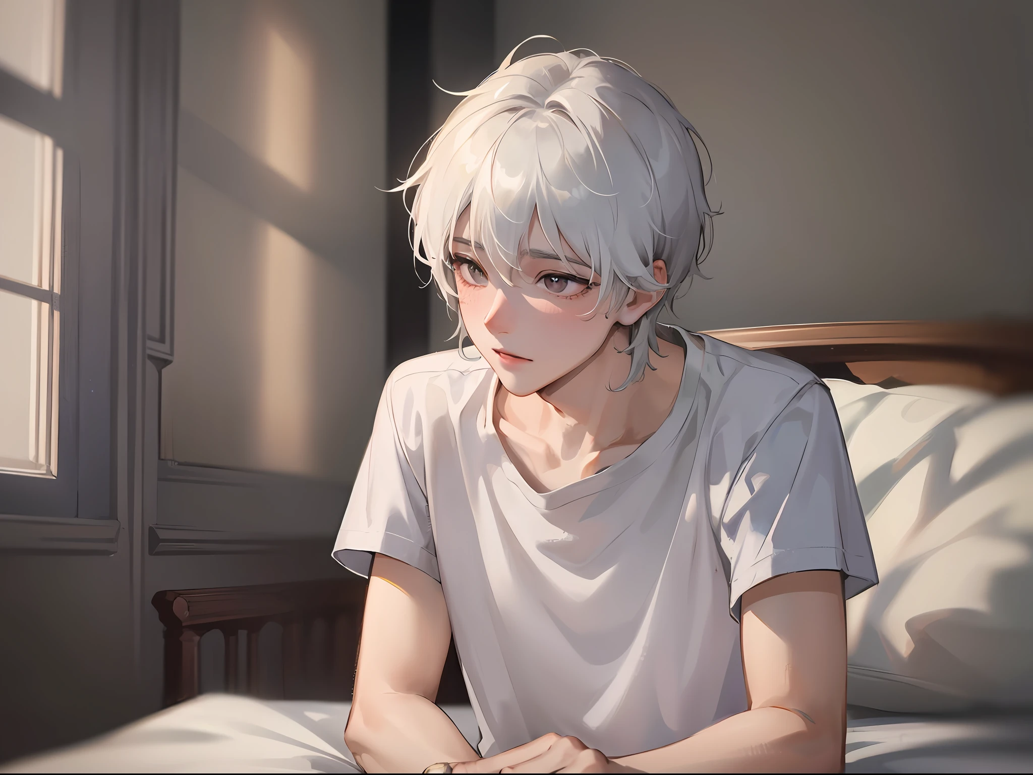 (k hd、Ultra-fine CG picture,Best picture quality、Fidelity)、(Best light and shadow effects,Very delicate and beautiful)、Bedrooms、A young man with a male、The shirt,White color hair,独奏,Blushing,short detailed hair,