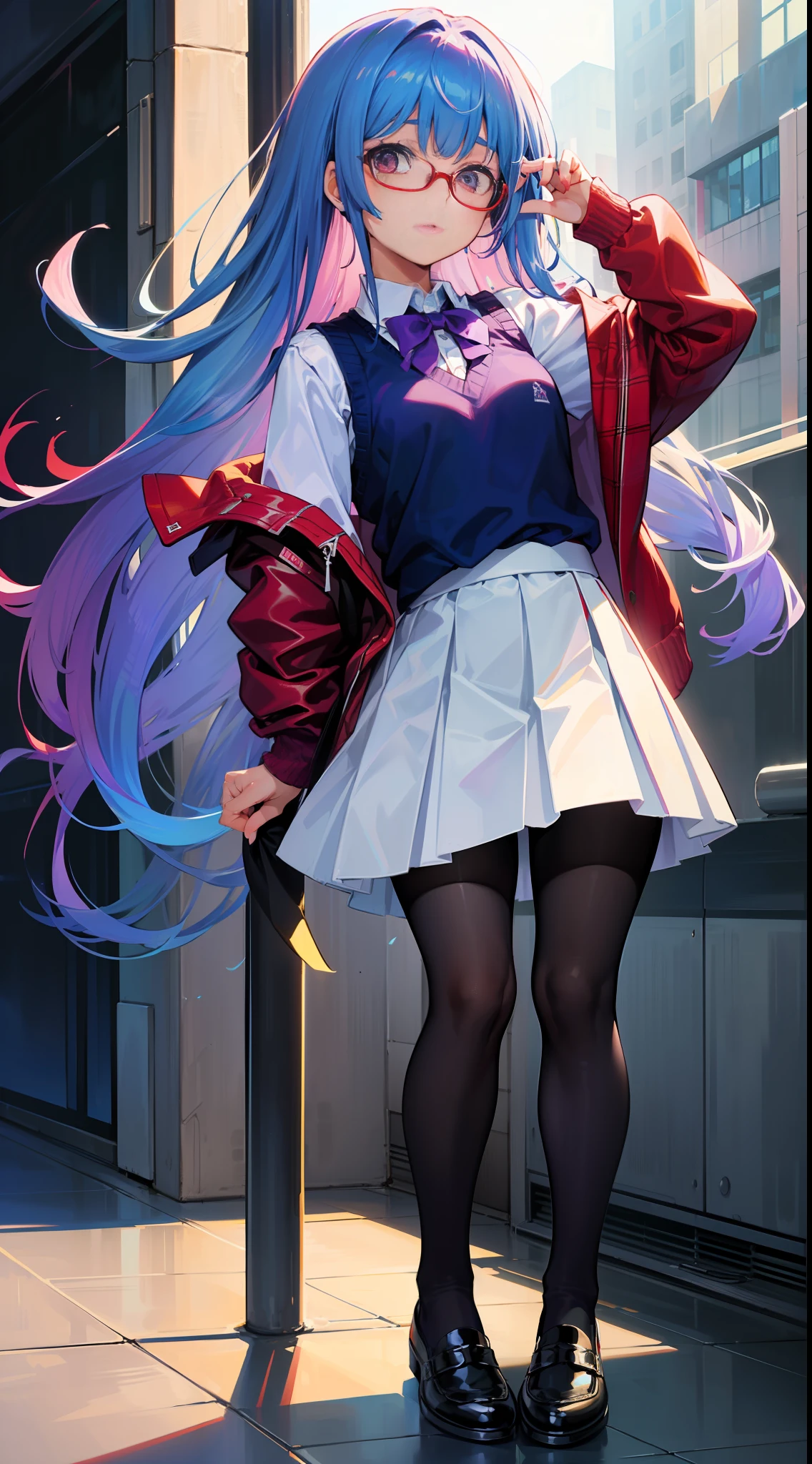 (s girl,人物,校服,Gradient Long Hair+lightblue hair+Purple hair ends+Red Half-rimmed Glasses+Purple eye:1.2,Blue sweater vest+White color blouse,pleatedskirt,uniform leather shoes+White pantyhose, Expressions are confident and static)
