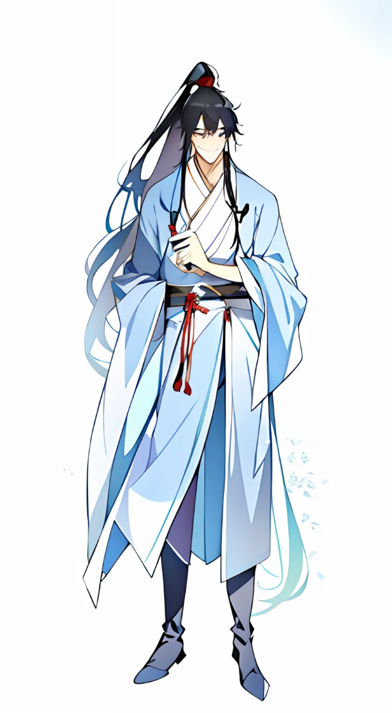 Anime characters with long hair and blue robes holding a fan, flowing hair and long robes, full-body wuxia, inspired by Wu Daozi, wearing a long flowing robe, Wears a robe with a moire pattern,brunette color hair,Wearing black boots,Holding a folding fan,The robe has a white pattern,The scent hangs around the waist,There are white flowers on the aroma,The expression is a smile,big-eyed handsome guy,uncle