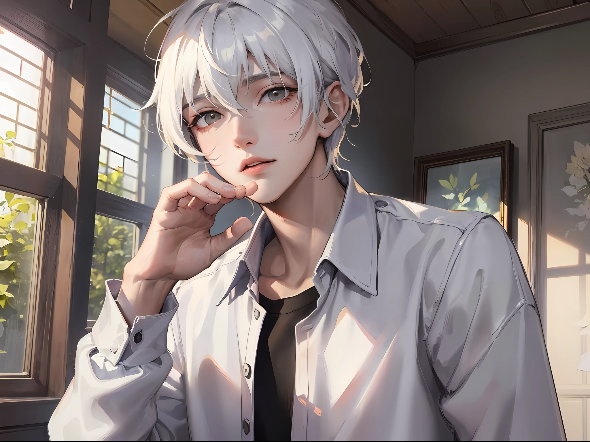 (k hd、Ultra-fine CG picture,Best picture quality、Fidelity)、(Best light and shadow effects,Very delicate and beautiful)、Bedrooms、A young man and a man、The shirt,White color hair,独奏,short detailed hair,