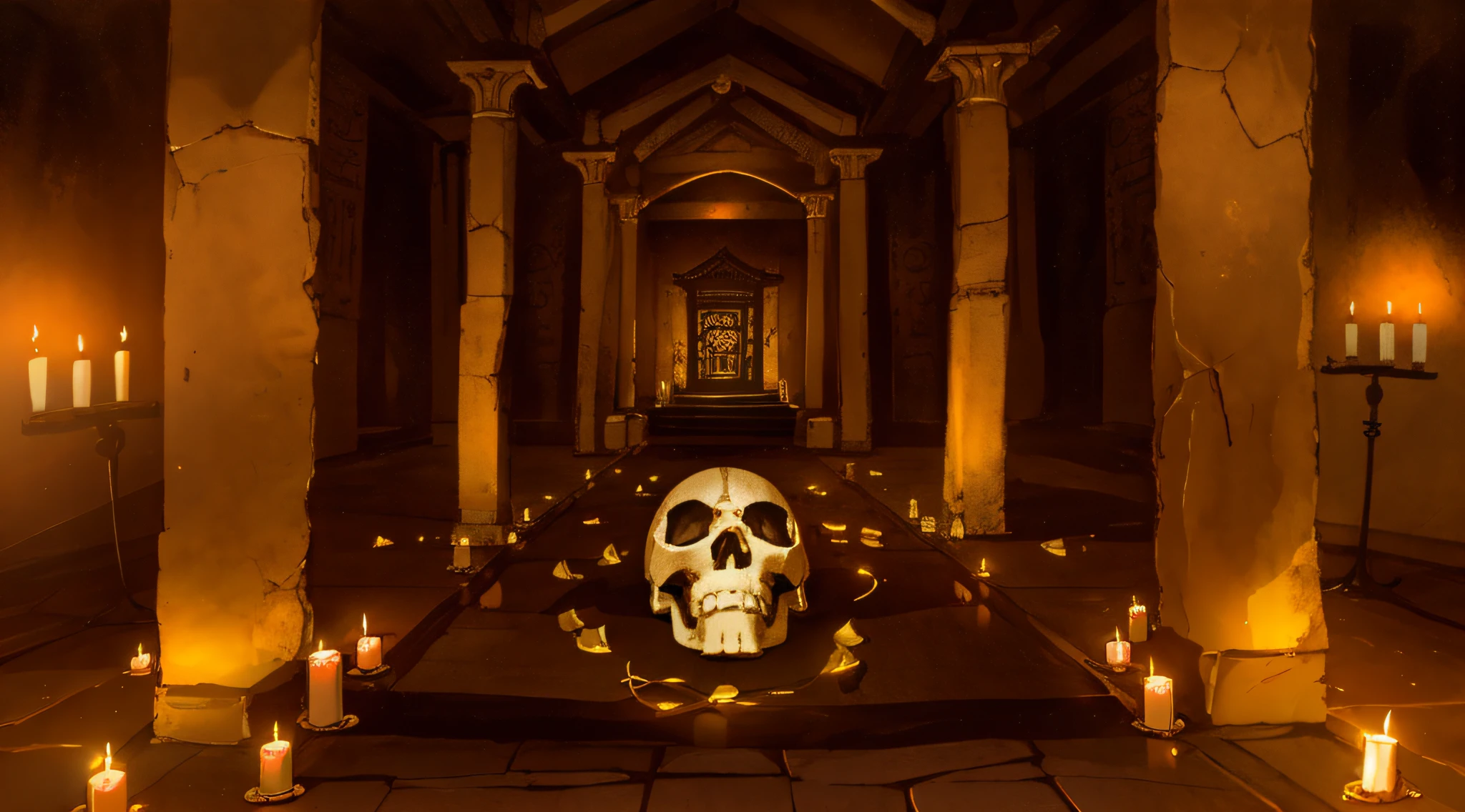 The floor of the ancient temple is decorated with a skull，The setting sun shines into the temple，Candles are everywhere，Sunlight shone into the hall，The walls are intricately carved，