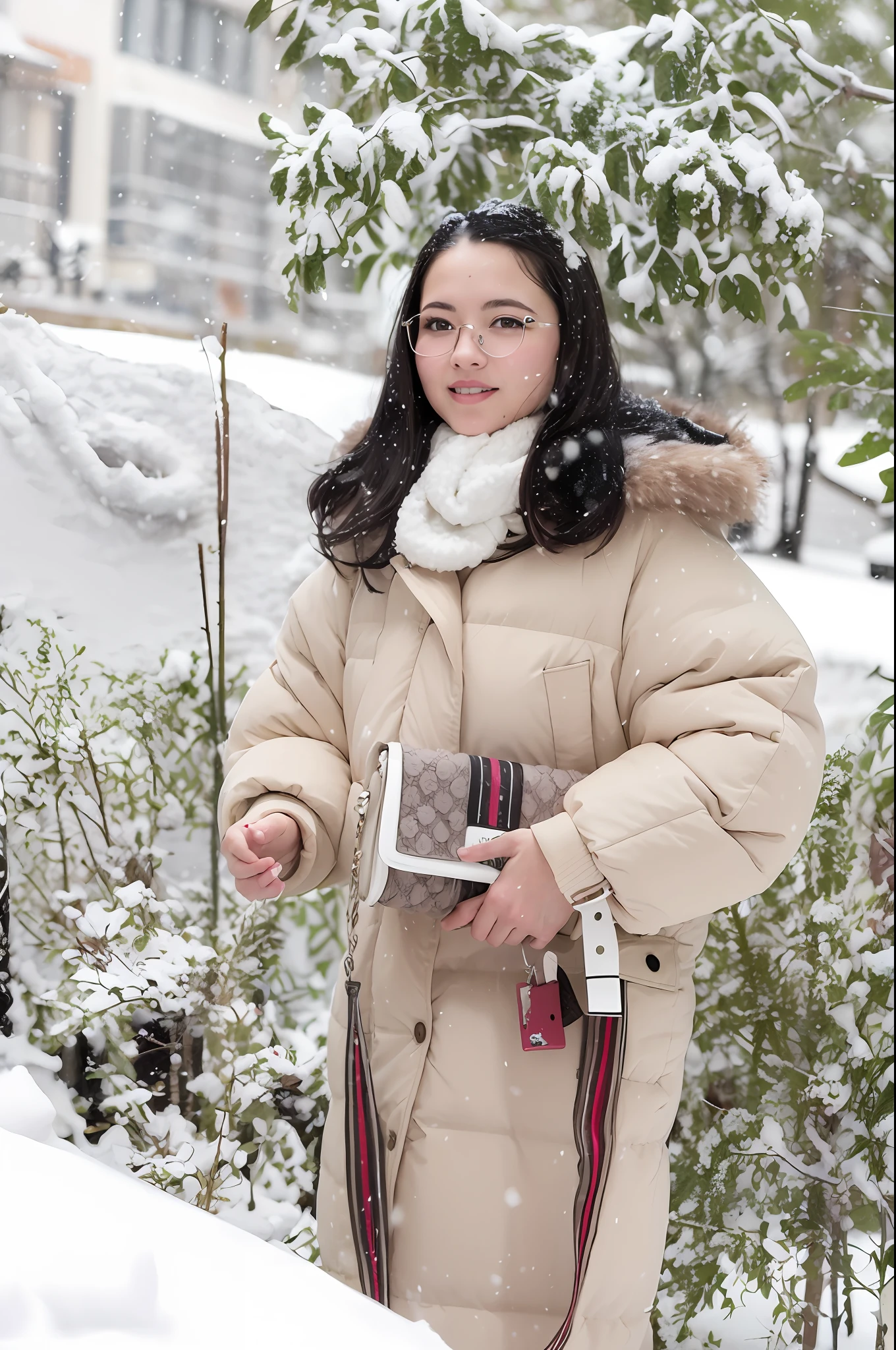 Woman in beige coat and scarf standing in the snow,Wearing a beige winter coat, in snow,In the snow,The face is super fine,Real light,photorealestic,photore,Maintain facial features,1girl,Beautiful body --auto