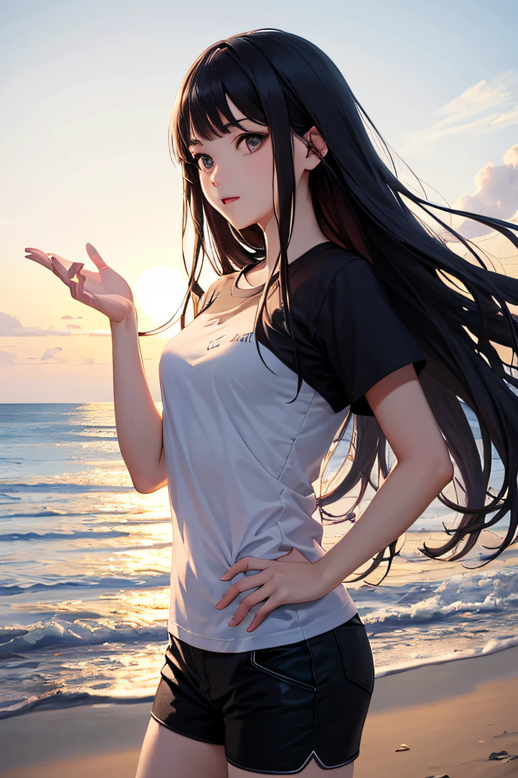 ((picture quality is high，clear and natural)),The setting sun shines，beachside，long hair flowing，A female high school student wearing a black shirt and black shorts，Pair it with white sneakers，The picture is very appealing。