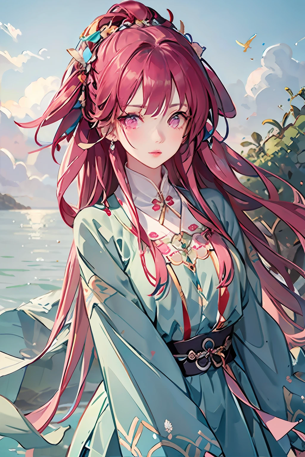 Best quality at best,Complicated details,A high resolution,(beautiful detailed water:1.4),(and the wind),Pink eyes,(Pink-haired girl in the sea:1.1),