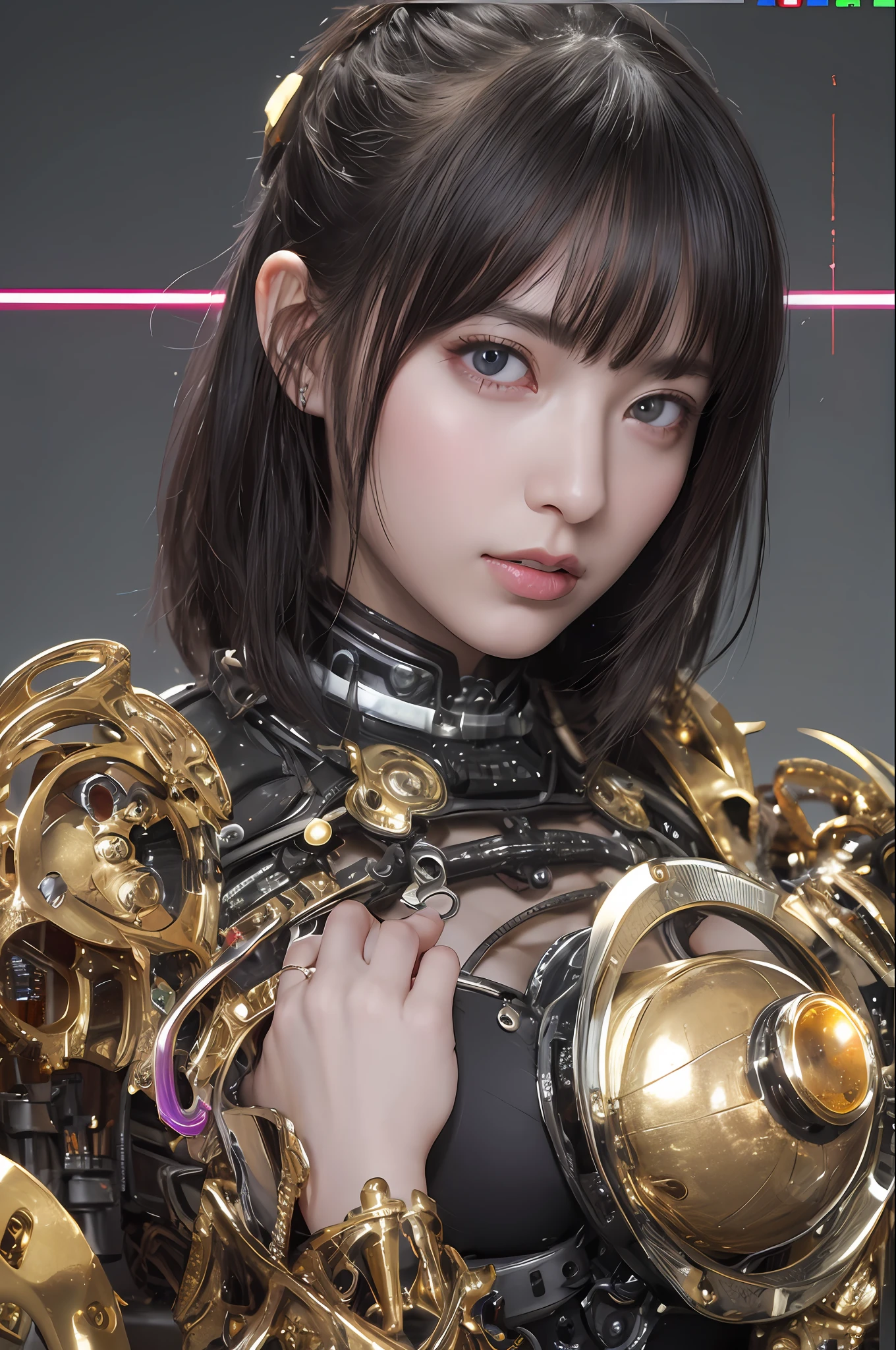 top-quality、masterpiece、超A high resolution、(Photorealsitic:1.4)、Raw photo、1人、Black hair、glowy skin、Cyberpunk Girl、((super realistic details))、portlate、Global Illumination、Shadow、octan render、in 8K、ultrasharp、huge tit、Raw skin is exposed in cleavage、metals、Details of complex ornaments、Gothloli details、Luminous tube、Analog Meter、gear wheel、gear、Golden hydraulic cylinder、highly intricate detail、Realistic light、CGSoation Trends、a purple eye、radiant eyes、Facing the camera、neon details、Mechanical limbs、blood vessels connected to tubes、Mechanical vertebrae attached to the back、mechanical cervical attaching to neck、sitting on、Wires and cables connecting to the head、Small LED lamp、