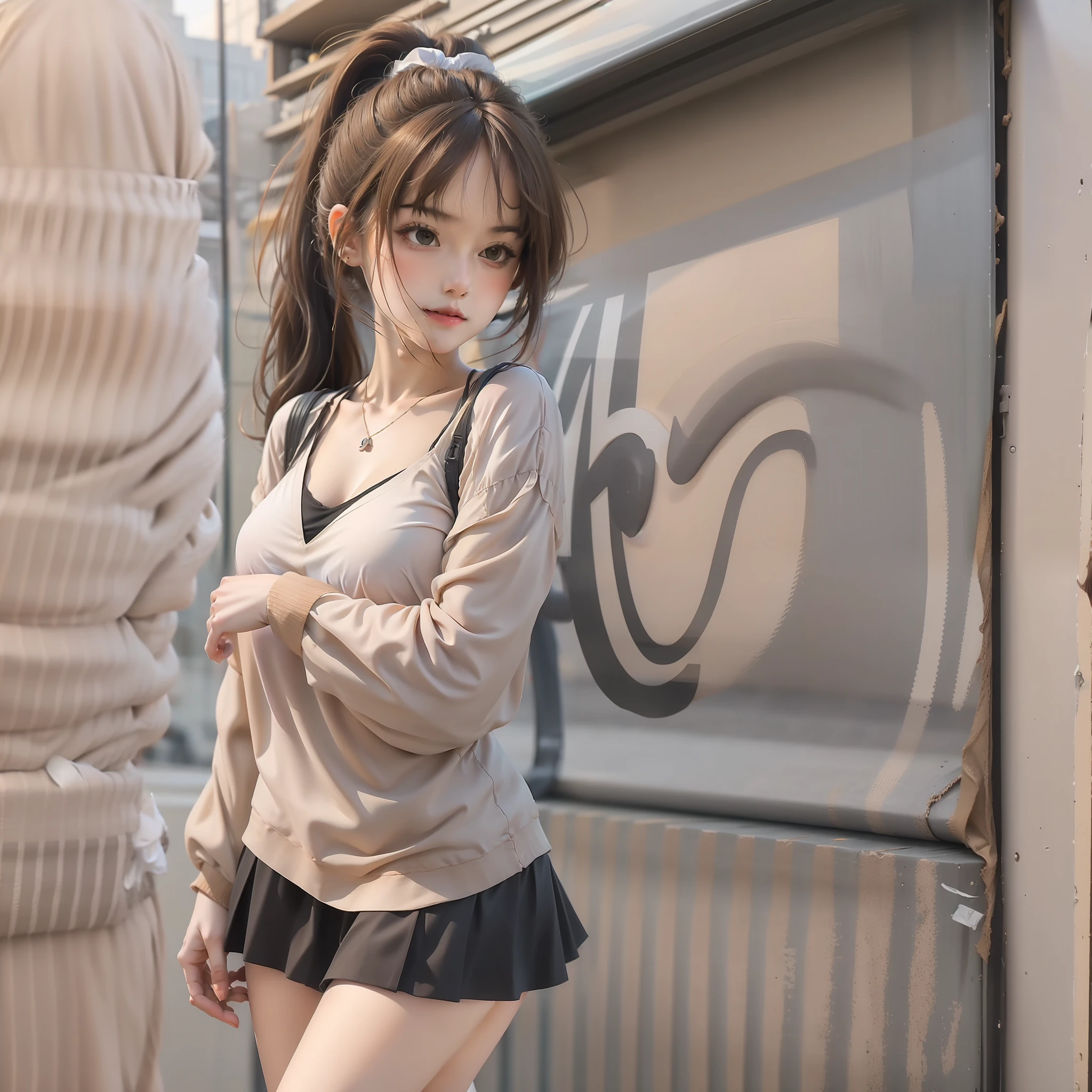 mediuml breasts, short skirt,High ponytail,figure eight bangs,French bangs