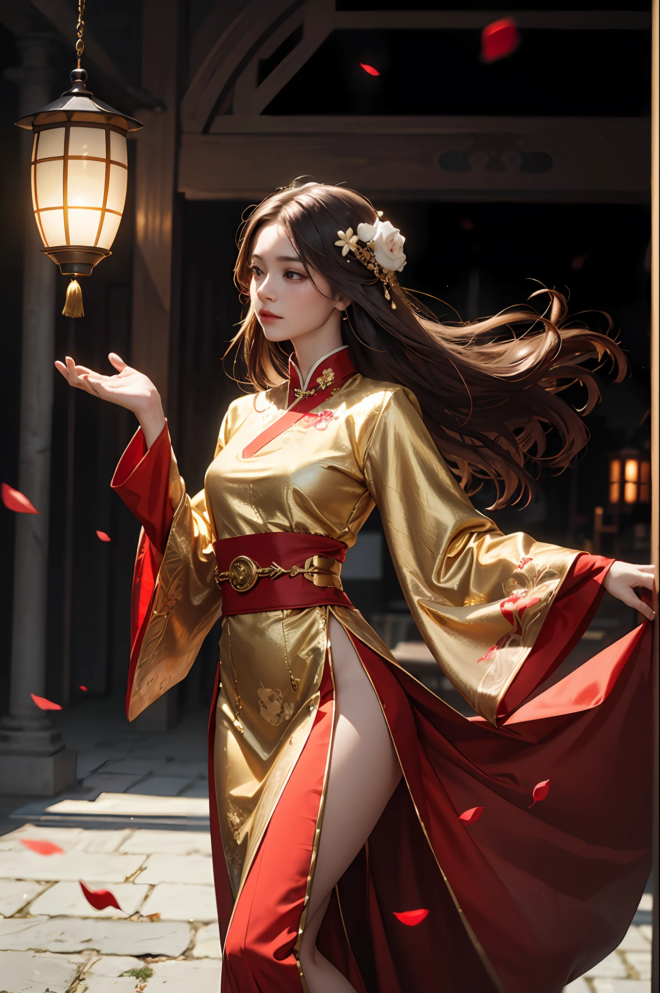 best quality, masterpiece, highres, (exquisite body:1.5),gorgeous face,(milky skin:1.3),intricate details,high resolution,wallpaper,
1girl, solo, dress, hair ornament, (((gold and red dress))), flowers, long hair, brown hair, closed mouth, jewelry, long sleeves, hand up, wide sleeves, big eyes,floating hair, chinese clothes, hanfu, embroidery, long skirt, natural pose, falling petals, indoor,fanning, lantern,
16K,HDR,highres,depth field,(film grain:1.1),boken,golden hour,(lens flare),vignette,rainbowing,(color grading:1.5)