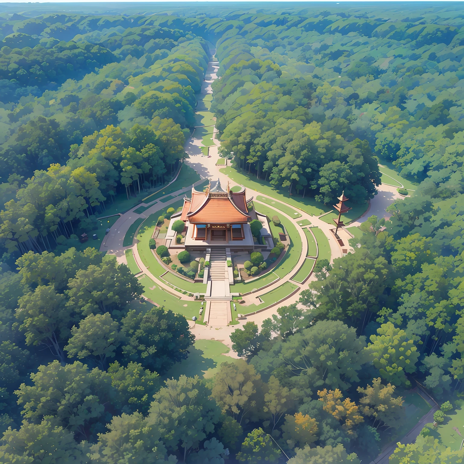 The antique Chinese-style building has 5 floors，The overall color of the building is yellow，The eaves and roof are brown，There is only this building in the whole picture, and there are no roads，The building is surrounded by a desolate forest，Not a single person，But the building is new，Not shabby，The view of the picture is to look down on the entire building from a height，The overall shape of the building can be seen directly --auto