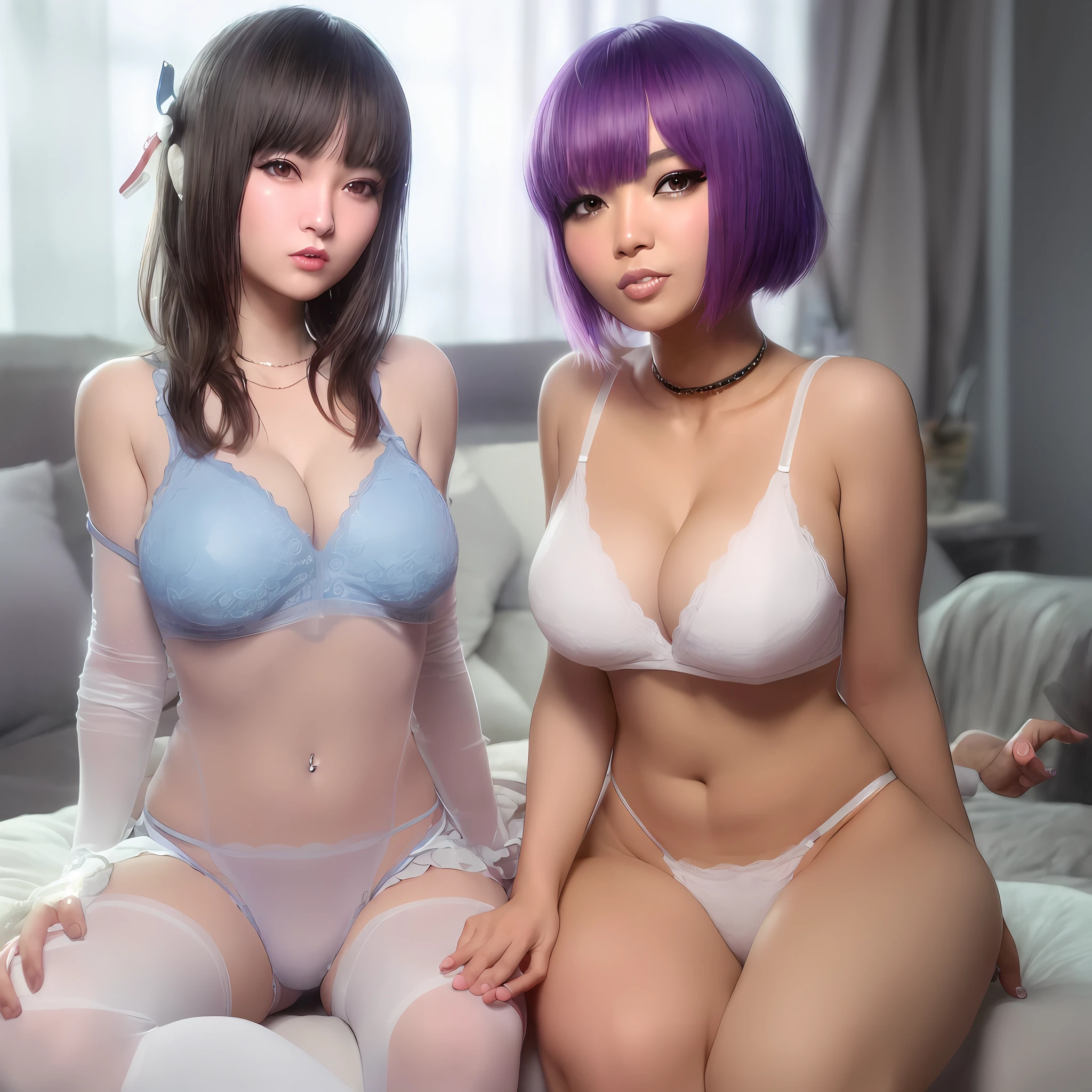 Two women in transparent underwear sitting on a bed with remote control, trending on cgstation, Guviz-style artwork, WLOP and Sakimichan, Ruan Jia and Artgerm, beautiful sci - fi twins, two beautiful anime girls, by Yang J, IG model | Art germ, trending at cgstation, Beautiful digital artwork