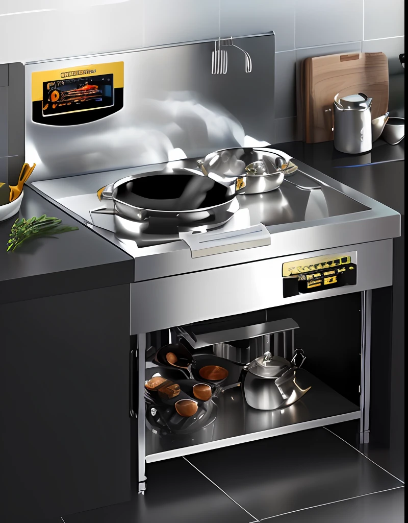 (Detailed stainless steel pots and pans): Kitchen stickers for teasing,Exquisite trade-offs,Semi-realistic 3D rendering with artistic rendering,Stove,wok,High-end stoves,(stainless steal:0.9),((Product display+Product rendering):1.3),(high qulity+Perfect design)pic, computer generated,Very remarkable,Cool visuals.