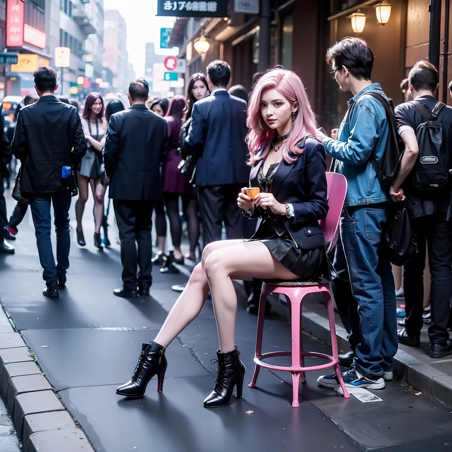 （tmasterpiece，best qualtiy），intricately details，8K，offcial art，tack sharp focus，Pink hair，a skirt，Black silk long legs，Park stools，Next to the homeless