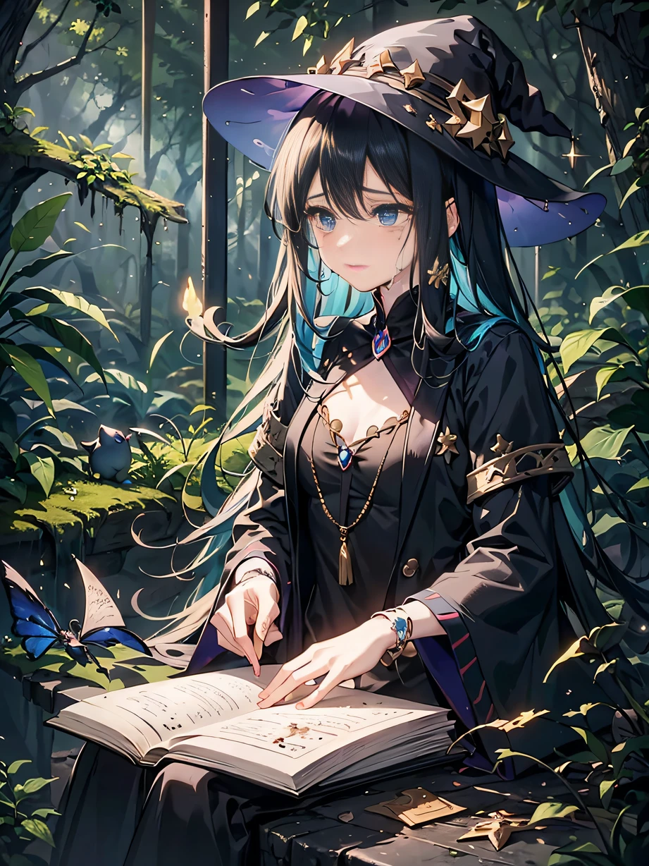 ，masterpiece, best quality，8k, ultra highres，In the depths of the Enchanted Forest，A mysterious and dark environment，A beautiful witch sits alone on a stone，She held a damaged magic book in her hand。Her long hair was scattered，Tears fell on his face，Her gaze reveals disappointment and endless sadness about love。