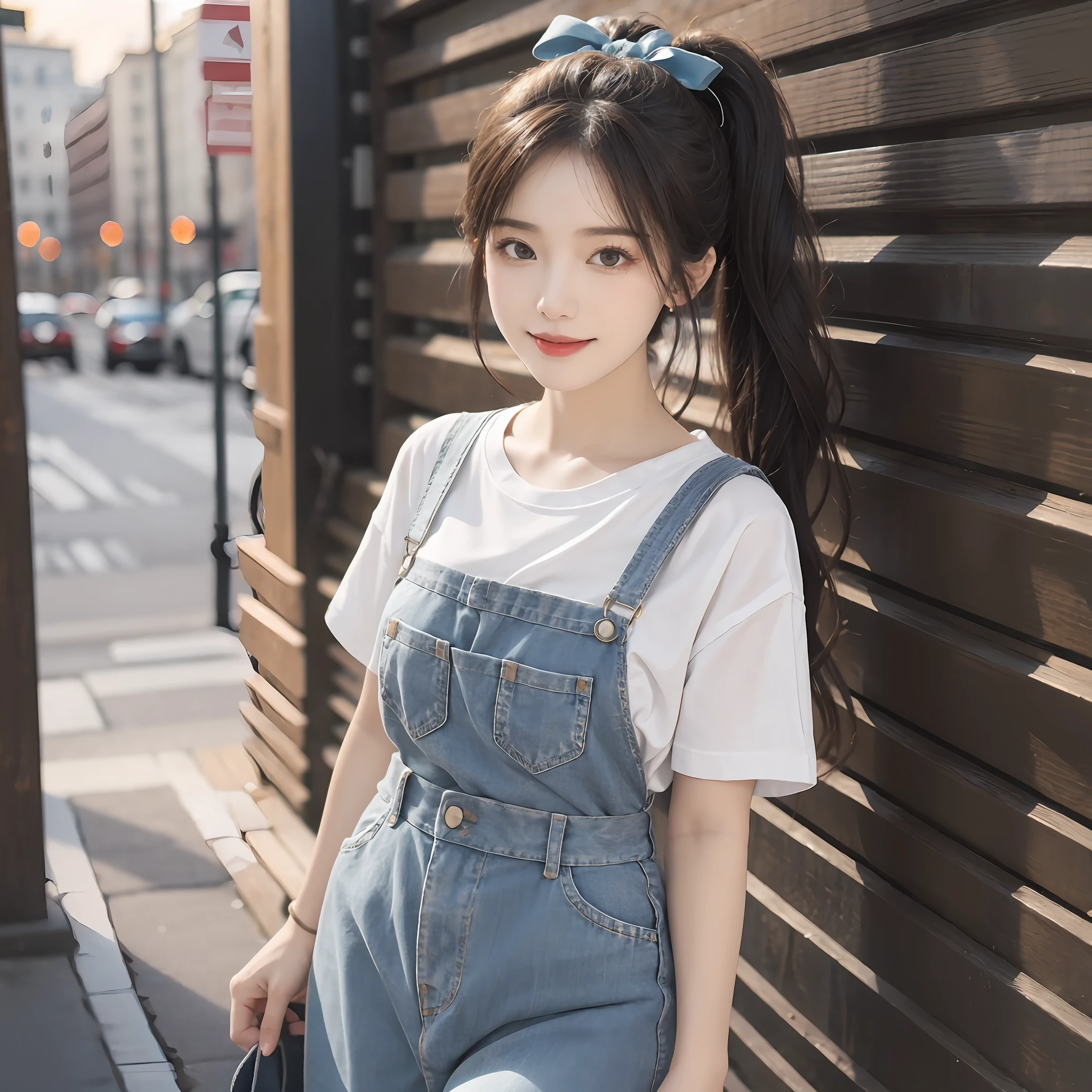 (RAW photogr:1.2), (Photorealistic:1.4), 1girll, 18 years old,adolable，a baby face，The most beautiful girl,Goose egg face，Oval face，Fleshy on the face，Good facial features，Sweet smiling，The smile and the eyes are charming and attractive，Beautiful Meticulous Girl, very detailed eyes and faces, Beautiful detailed eyes, ultra - detailed, A high resolution, The is very detailed，best qualtiy，tmasterpiece，illustratio，The is very detailed，CG，unified，8K wallpapers，finely detailled，tmasterpiece，best qualtiy， Wallpapers，light in face，Movie lighting，nipple tops：White short-sleeved embroidered lace T-shirt，Breathable and lightweight，Add feminine femininity。
Manteau：Light yellow wide-leg cropped blazer，Finished with front buttons，Show youthful vitality。
skirt suit：Dark blue denim A-line skirt，Moderate length，Finished with a pleated design，Showcases vintage charm。
shoe：White flat canvas shoes，Comfortable and versatile，Add a sense of leisure。
Accessories：Brown woven vintage tote，Wear it with a red bow headband，Overall fresh and vintage。，（No leakage），（with a well-proportioned body），（looking to the camera）,Black ponytail，hair flowing，Slightly fat 0.8，perfect body figure，Standing position，Medium view，The background is a beautiful view of random different scenes。