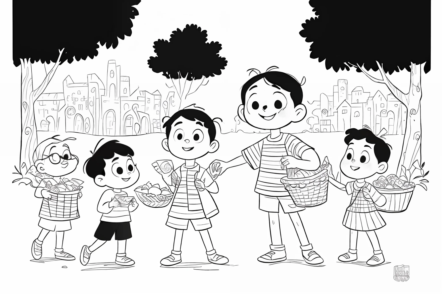 A black and white coloring page for kids, by quino, of depicting Jesus' miraculous feeding of the five thousand. Add details such as baskets or plates to show the distribution of food, character design, a child's drawing,