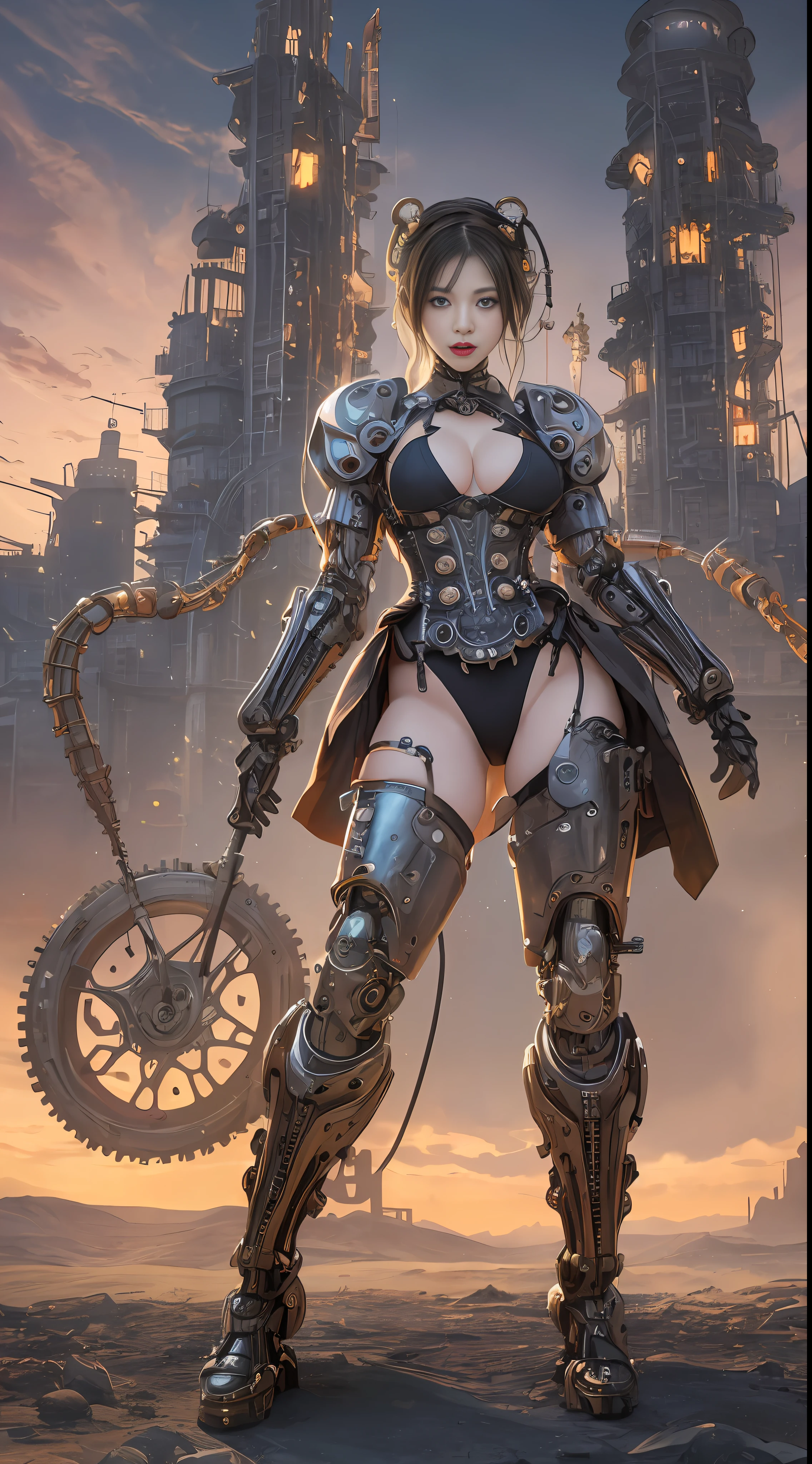Cute young biomechanical steampunk cyborg woman realistic movie shallow focus scene, More about her full-body steampunk、Stands in fluid movement in a simple barren place with stunning cloud landscapes and sunsets、Hydraulic cylinder、meter、pipes、LED lamps、gear wheel、
The cleavage is visible、
(wearing futuristic clothing (tangerine:0.3) Her intricate and detailed anatomically sculpted biomechanical graphite steampunk body, (Biomechanical Graphite Steampunk Cyborg Grady、Intricately detailed anatomically sculpted with goth details).Futuristic headset、
(Anatomically sculpted biomechanical graphite steampunk cyborg、More on the elegant and glamorous goth loliles, Wires and microchips are、Skillfully on her female cyborg body)
Slender hot fit body with a gorgeous young round face, expressive big round eyes,
Captured with bright natural light and beautiful vibrant colors. Stunning steampunk-style 8K resolution images.
The scene has a strong heroic unconquerable mood, a masterful complete scene of the female full body standing with a happy expression.