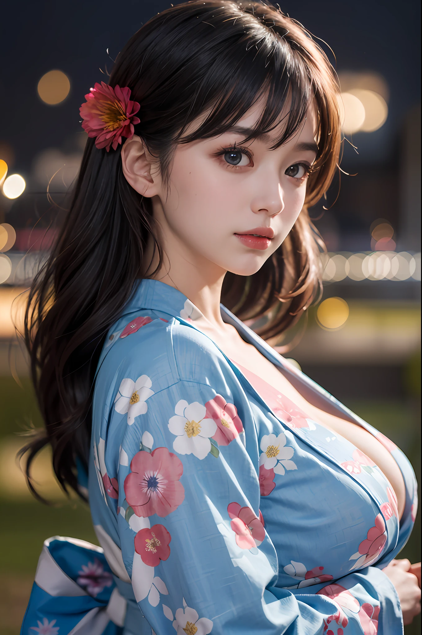 ((masterpiece、top-quality、ultra-definition、hight resolution))、独奏、a beauty girl、radiant eyes、perfect eyes、Japan's beautiful sister、Large yukata、cleavage of the breast、Colossal tits、Yukata with blue floral pattern、Fireworks at night in the background、high-level image quality、4K.