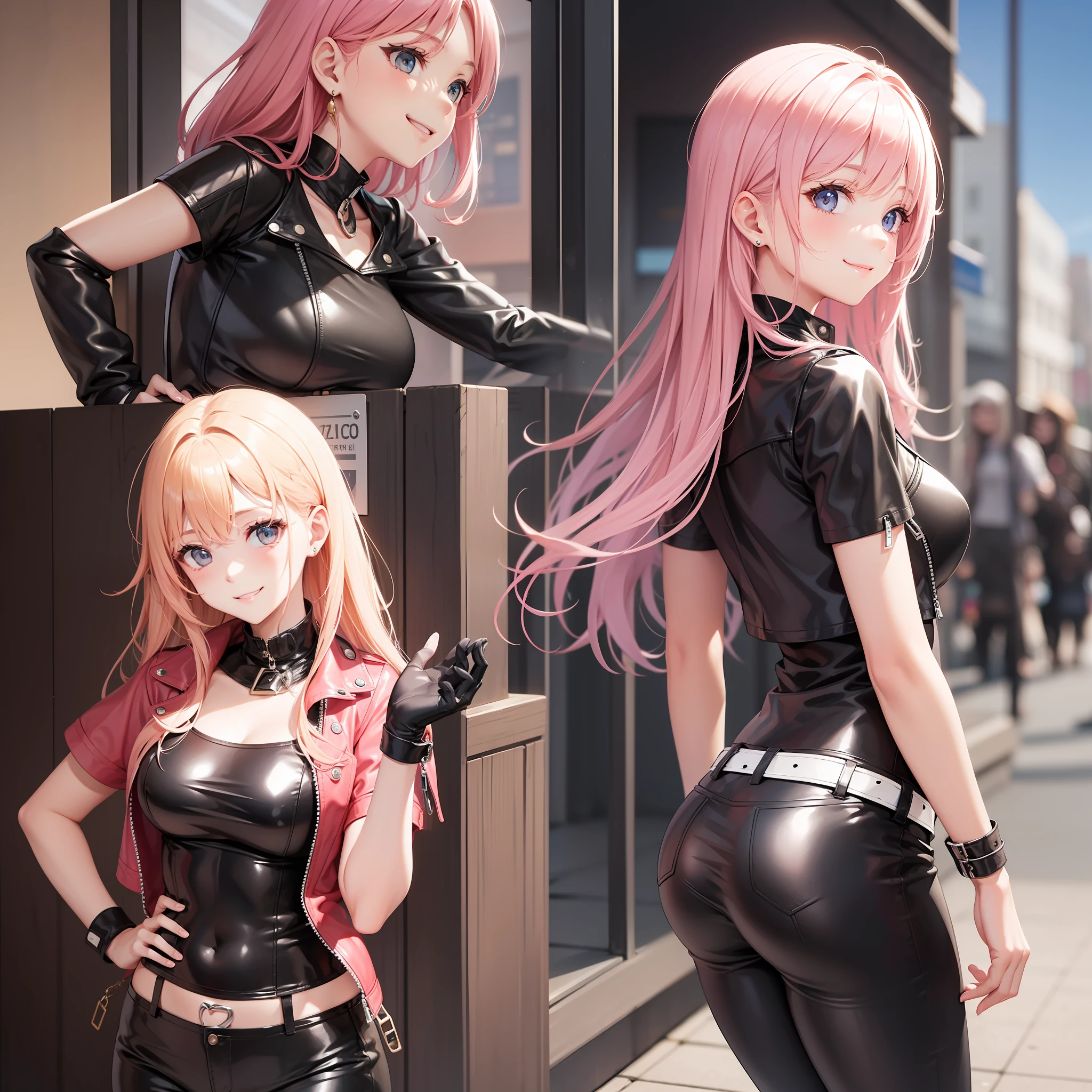 harems A few girls a smile Bodysuits leather jackets leather pant top-quality Pink hair a blond masterpiece 超A high resolution