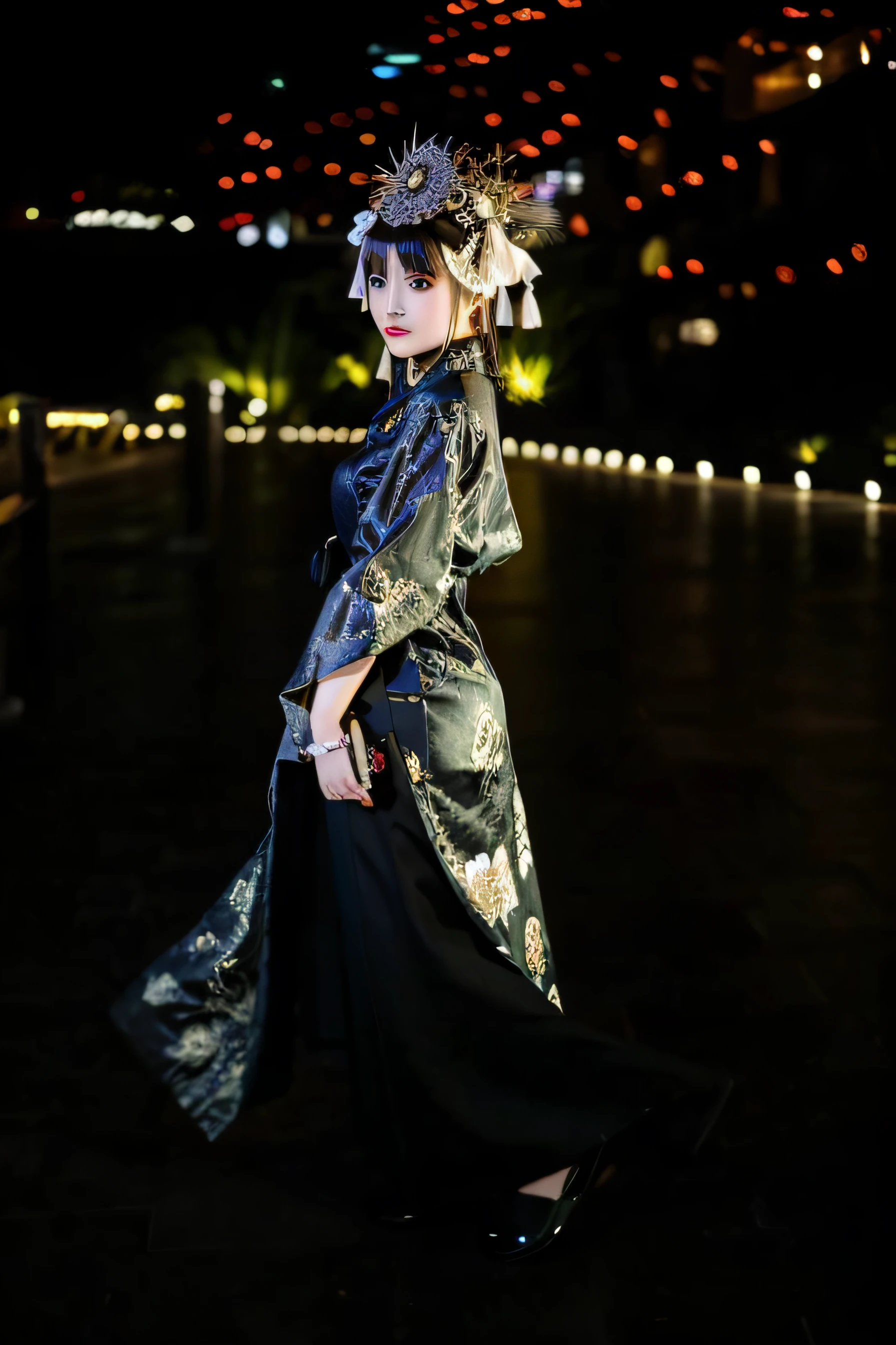 Arad woman in black and gold dress and hat, traditional tai costume, full-body xianxia, with acient chinese clothes, traditionalcostumes, ao dai, wearing ornate silk clothes, Chinese costume, Traditional Chinese clothing, Wearing Gorgeous Costume, inspired by Luo Mu, wearing an elegant tribal outfit, wearing dramatic aristocrat robe, traditionalcostumes --auto