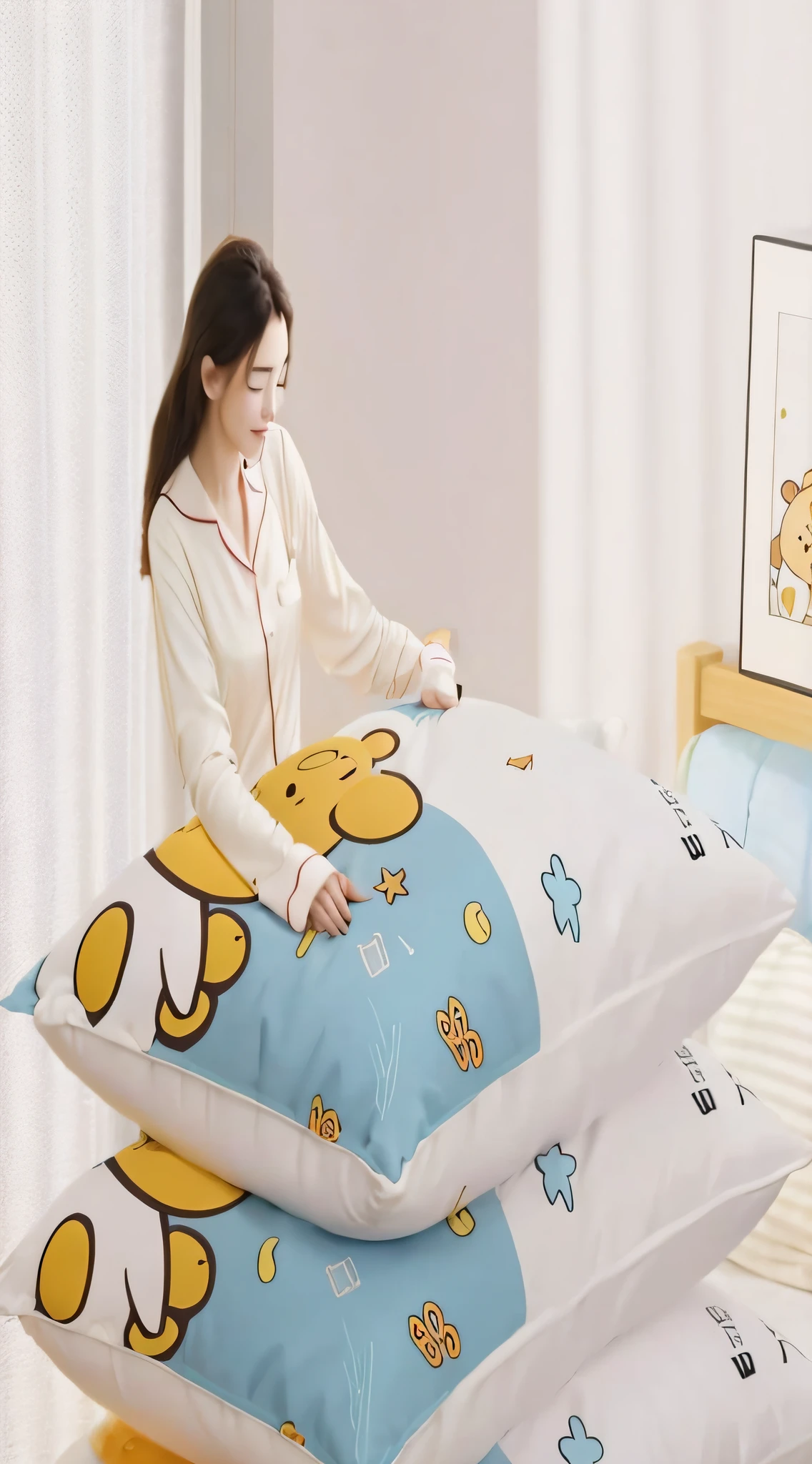 Woman in pajamas holding a pile of pillows with teddy bear design, Sleeping, Sleepy,  Good morning, Dreamy, goodnight, Morning mood, summer morning, Satin, bright morning, designed for cozy aesthetics!,  k hd，hyper HD，Characters need Ultra HD