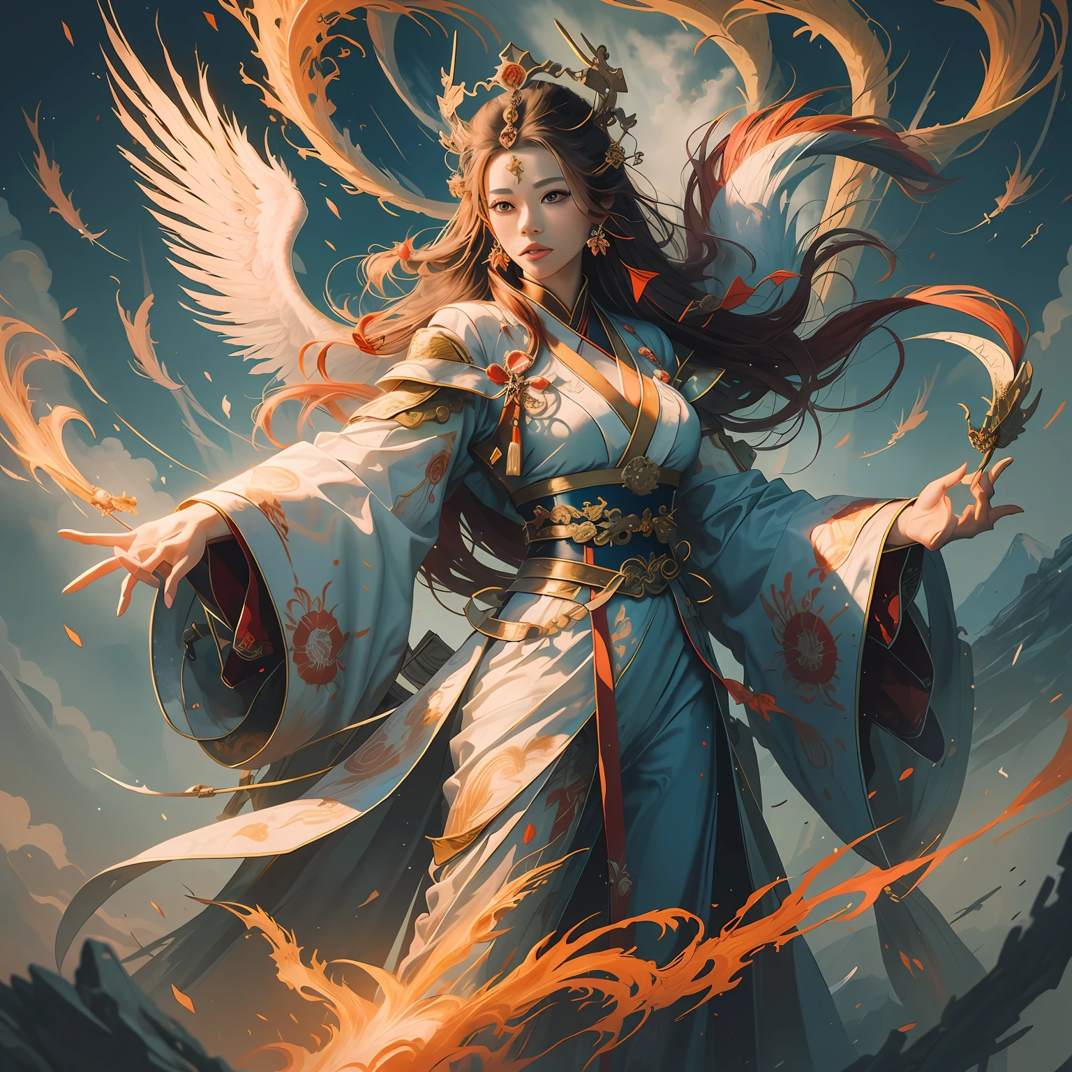A female emperor， Ancient Chinese imperial robes， Majestic and domineering，Dragon Flying Phoenix Dance，rays of sunshine， Clear face， Clean white background， tmasterpiece， super detailing， Epic composition， hyper HD， high qulity， extremely detaile， offcial art， Uniform 8k wallpaper --auto