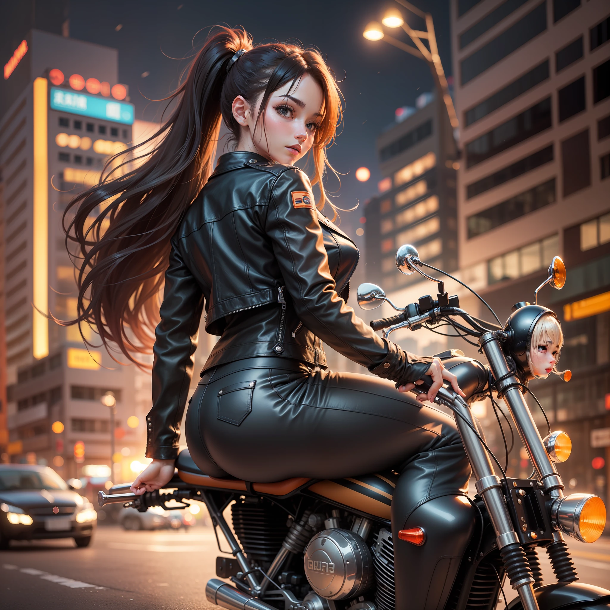 Top quality CG images、Amazing resolution、The image of a beautiful girl。Black leather jacket and leather pants、Girlfriend with long hair in a ponytail straddling a motorcycle。In the background、Quiet evening city and orange sky prevail。