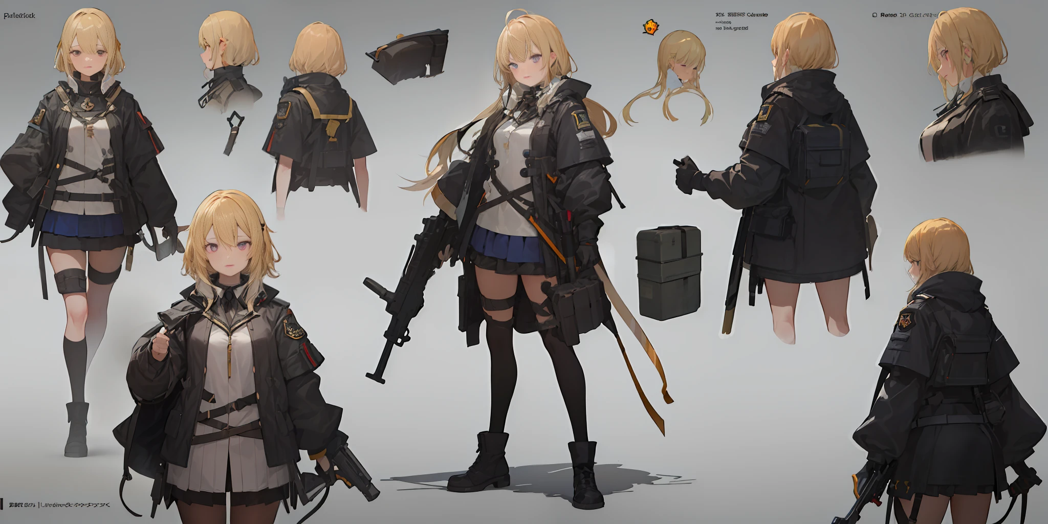 ((Masterpiece)),(((Best quality))),illustration,1girll,1. Make sure the character's hair is blonde,The eyes are golden, 2. Design the role as an attacker,Wielding an automatic rifle, 3. Make the character slim,in black military uniform, The top should be a cropped piece,Wear yours with a miniskirt and berets, 4. Add ammo boxes to the character as one of the traits, 5. Display characters on a white background,Easy to demonstrate, 6. Include the front face in the 3D model、side and back view,and a detailed view of weapons and other key features, Ensure that models are rendered with high quality and fidelity,Provide an immersive gaming experience, Hair color,Hair bangs,hairstyle fax,Eye style,The environment is rejuvenated,hairstyle fax,Pose purple,goddes,Shirts and shirts,As estrelas,charturnbetalora , (simplebackground, white backgrounid:1.3), multi view