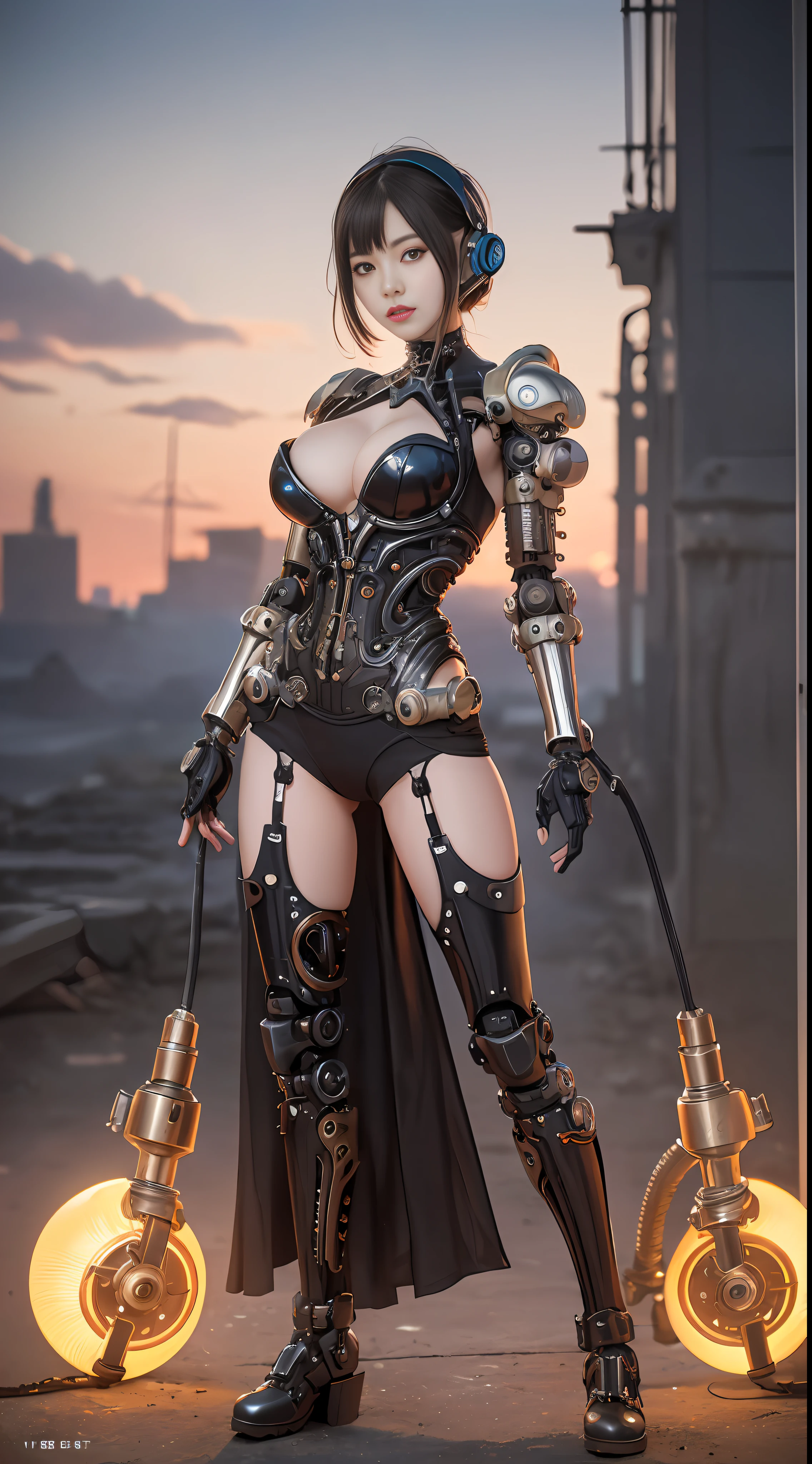 Cute young biomechanical steampunk cyborg woman realistic movie shallow focus scene, More about her full-body steampunk、Stands in fluid movement in a simple barren place with stunning cloud landscapes and sunsets、Hydraulic cylinder、meter、pipes、LED lamps、gear wheel、
The cleavage is visible、
(wearing futuristic clothing (tangerine:0.3) Her intricate and detailed anatomically sculpted biomechanical graphite steampunk body, (Biomechanical Graphite Steampunk Cyborg Grady、Intricately detailed anatomically sculpted with goth loli details).Futuristic headset、

(Anatomically sculpted biomechanical graphite steampunk cyborg、More on the elegant and glamorous goth loli、cables, Wires and microchips are、Skillfully on her female cyborg body)

Slender hot fit body with a gorgeous young round face, expressive big round eyes, 

Captured with bright natural light and beautiful vibrant colors. Stunning steampunk-style 8K resolution images.

The scene has a strong heroic unconquerable mood, a masterful complete scene of the female full body standing with a happy expression.