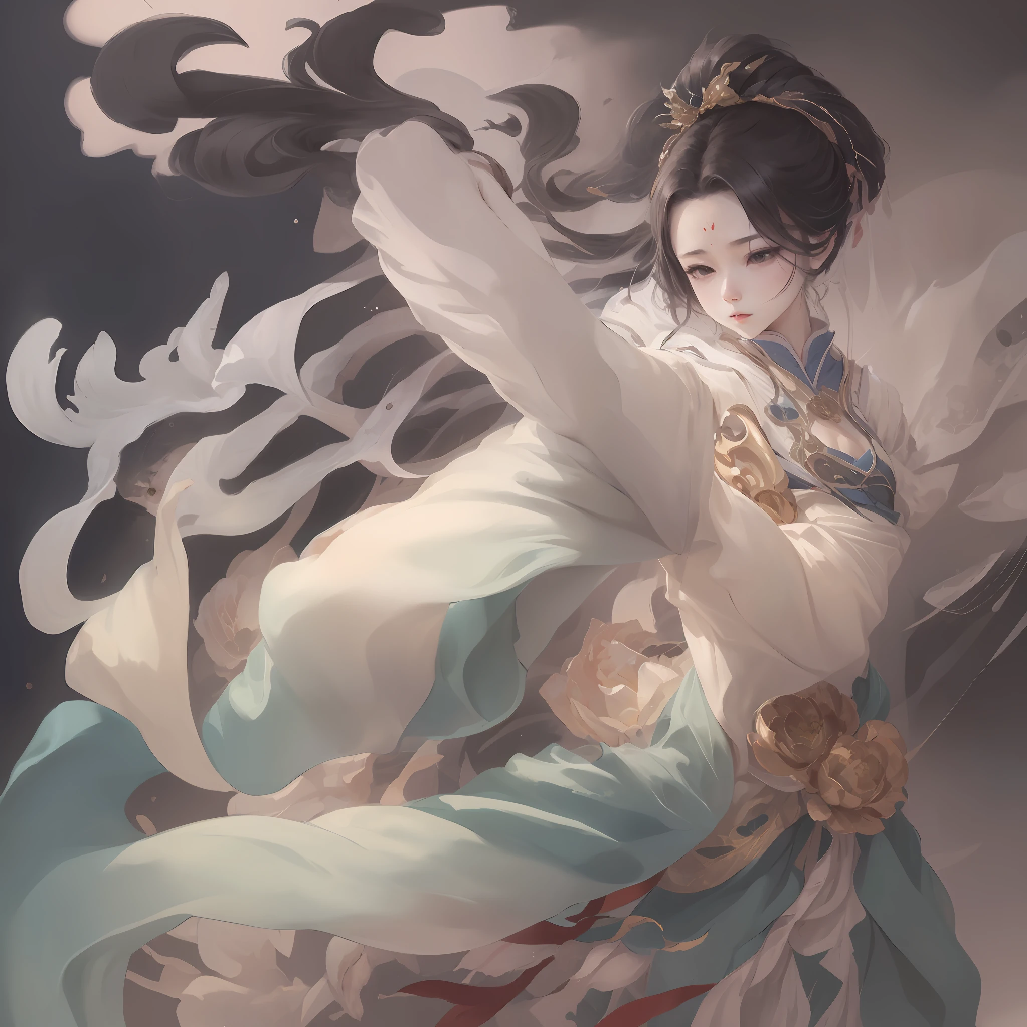 ((4k,masterpiece,best quality)), shuimobysim, Traditional chinese painting, lotuses, Hanfu, maxiskit, Dress conservatively 1girl, solo, blue long hair, ssmile, standing on your feet, Feet in the water, The barefoot,Side Body, --auto