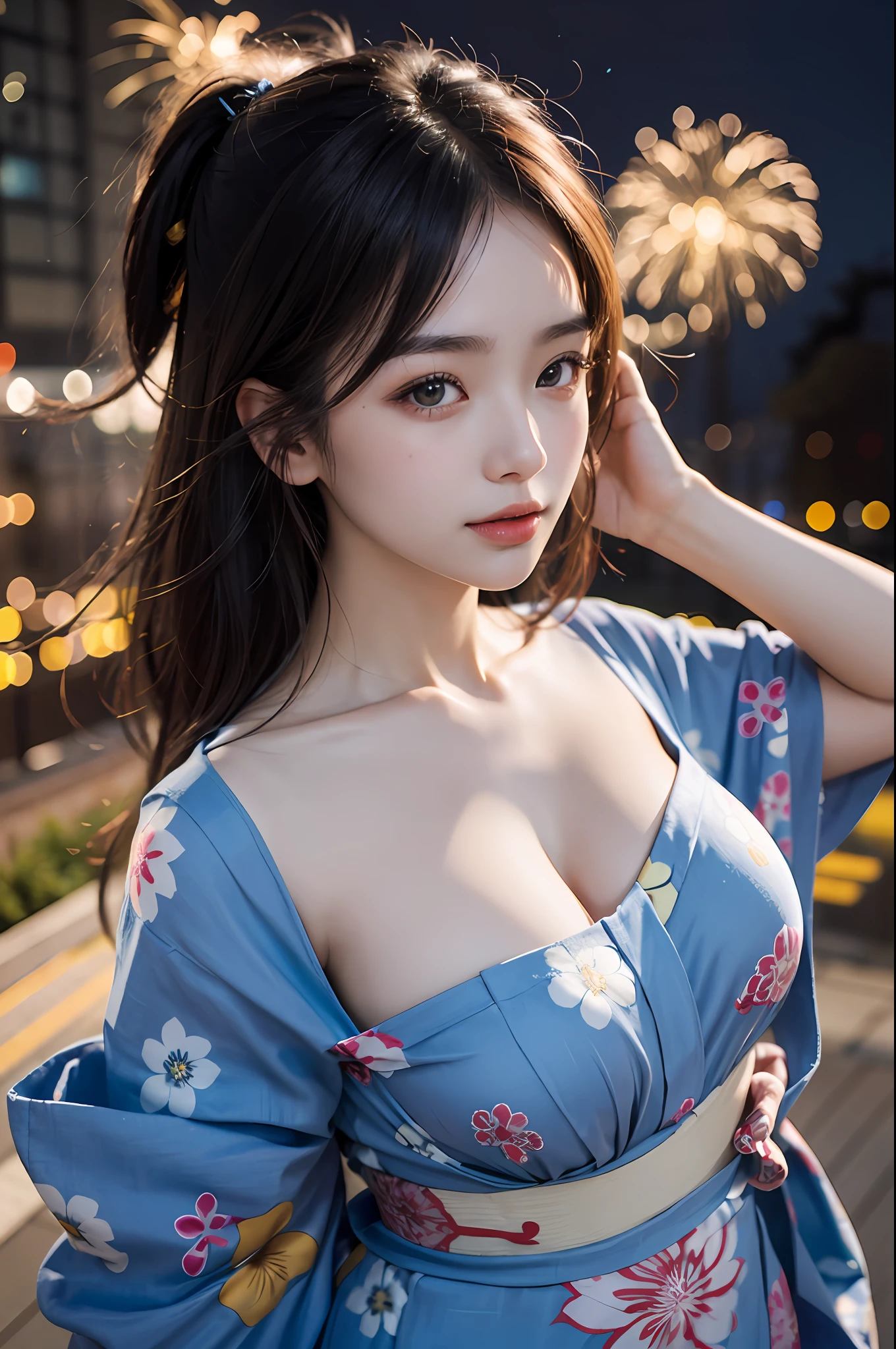 ((​masterpiece、top-quality、ultra-definition、hight resolution))、独奏、a beauty girl、radiant eyes、perfect  eyes、Japan's beautiful sister、Large yukata、cleavage of the breast、Colossal tits、Yukata with blue floral pattern、Fireworks at night in the background、high-level image quality、4K.