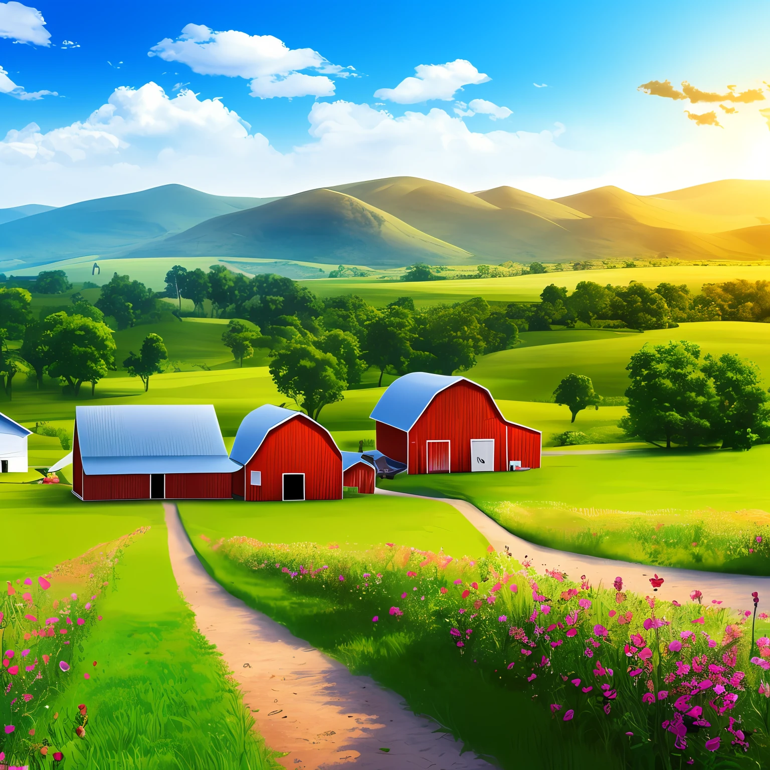 Cartoon Farm，farm land，orchard，Background with，Wallpapers，European and American style，Metaverse， --auto