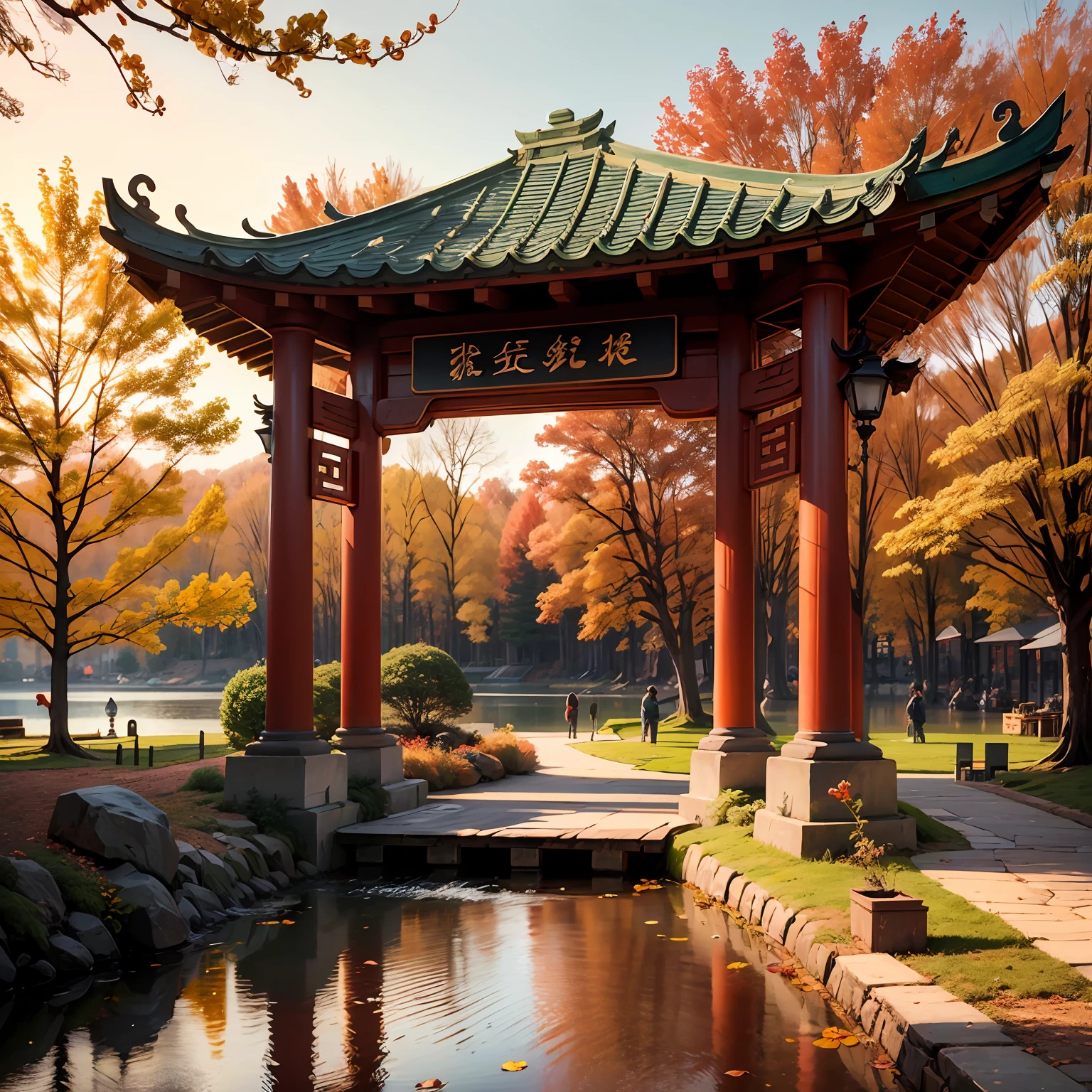 (4K,best qualtiy)lakes,Chinese Pavilion,fall foliage,inverted image,eventide,brightly colored