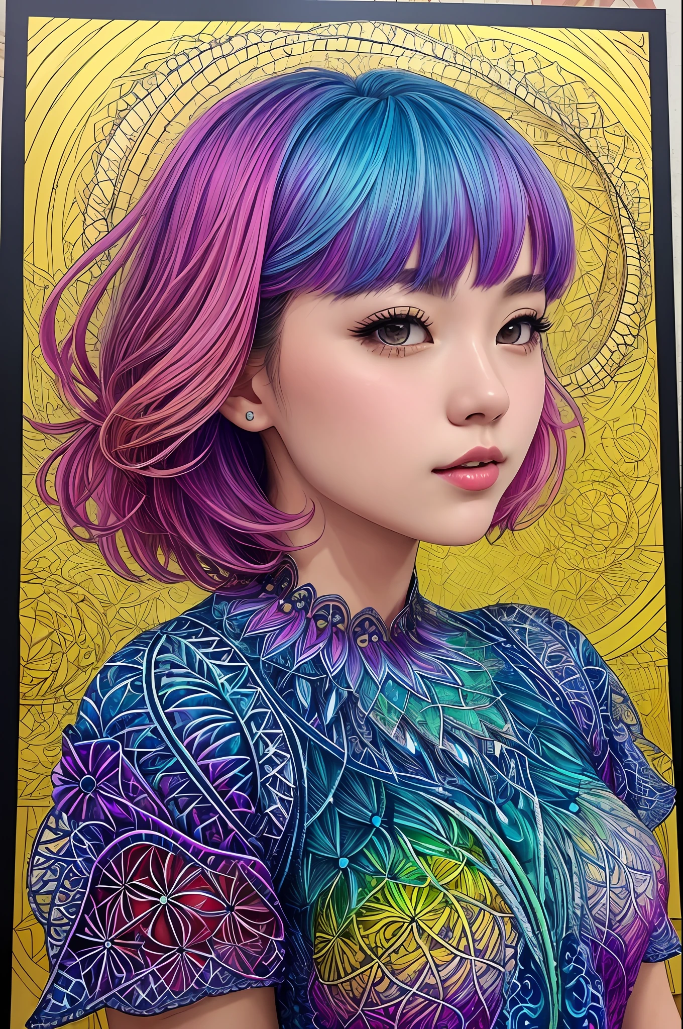 (​masterpiece、top-quality、top-quality、Official art、Beautifully Aesthetic:1.2)、(1girl in:1.3)、ighly detailed、(Fractal Art:1.2)、colourfull、highestdetailed、(Zentangle:1.2)、(Dynamic Pause) 、（Abstract background：1.5）、（Nice dress：1.2）、（shinny skin）、（Many colors：1.4）、full bodyesbian 、((shorth hair))