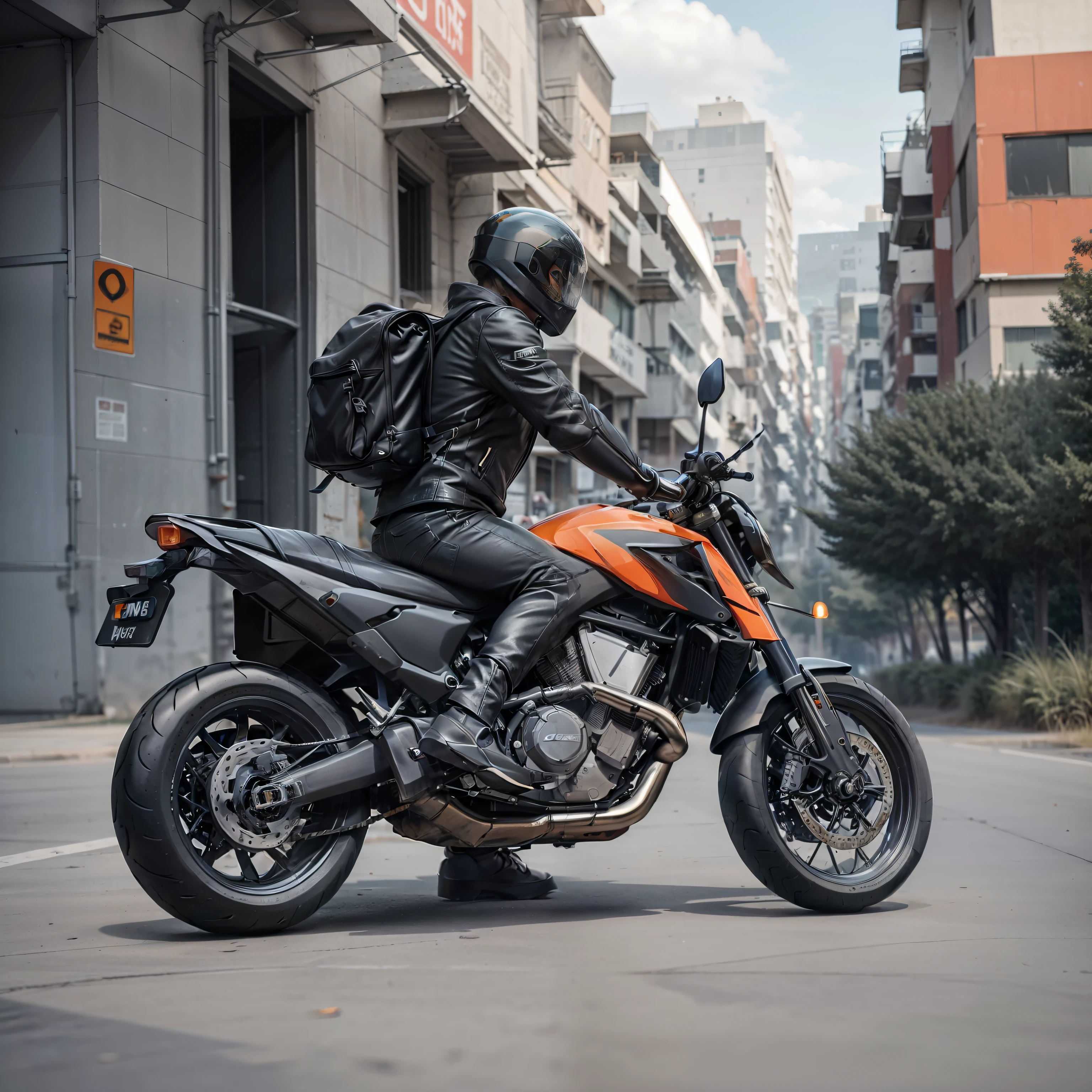 KTM motorcycle,Duca,highways,black leather clothes,riding motorcycles,Orange colors,the trees,Black helmet,Black school bag,Black pantsuit,Sunset background