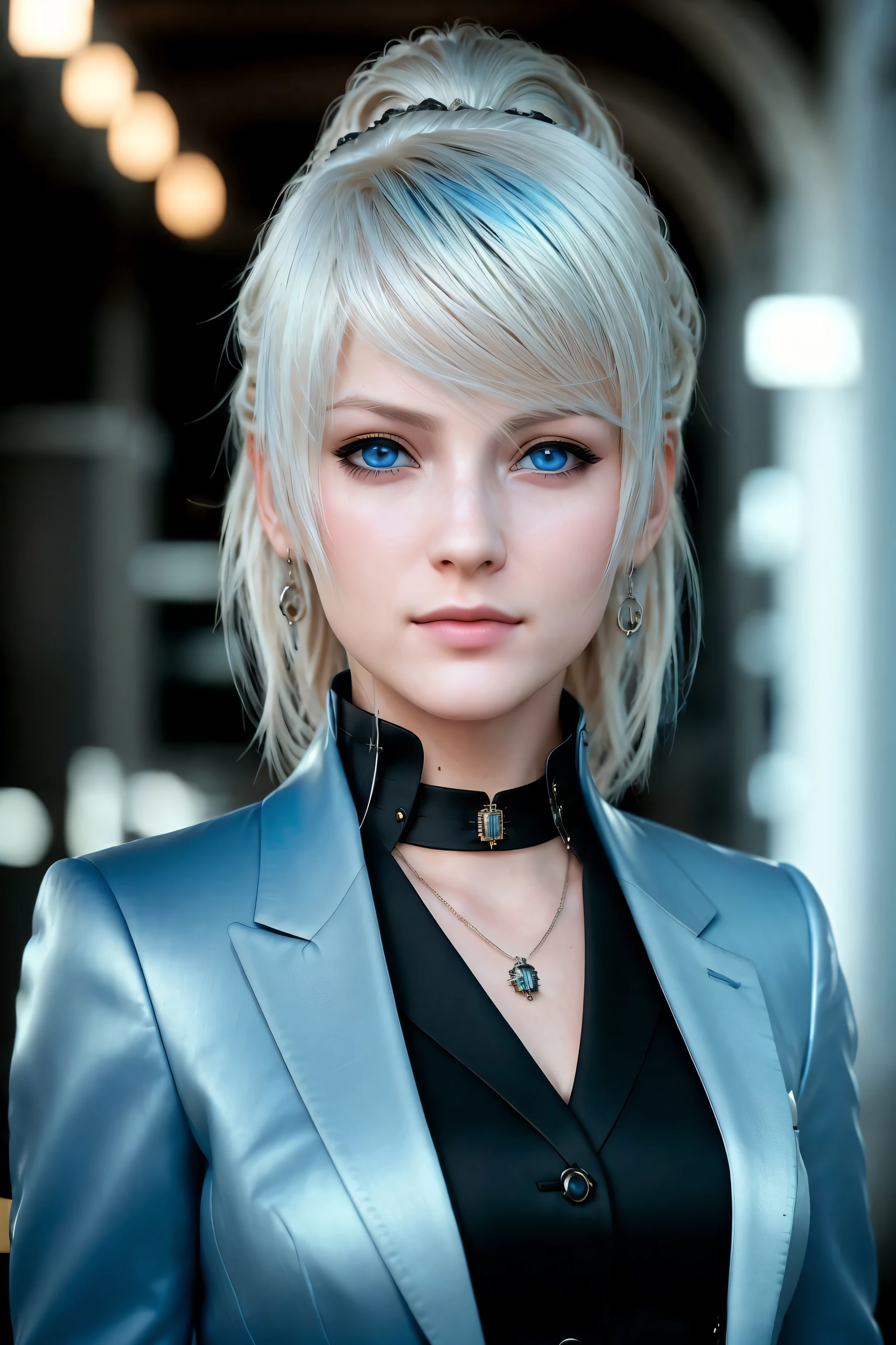 masterpiece, highest quality, RAW, analog style, A stunning portrait of a beautiful woman, pale skin, vibrant blue eyes, platinum blonde hair, (((wearing black and blue modern business suit))), steampunk, night, ((highly detailed skin, skin details)), sharp focus, 8k UHD, DSLR, high quality, film grain, Fujifilm XT3, intricately detailed, highly detailed, cluttered and detailed background