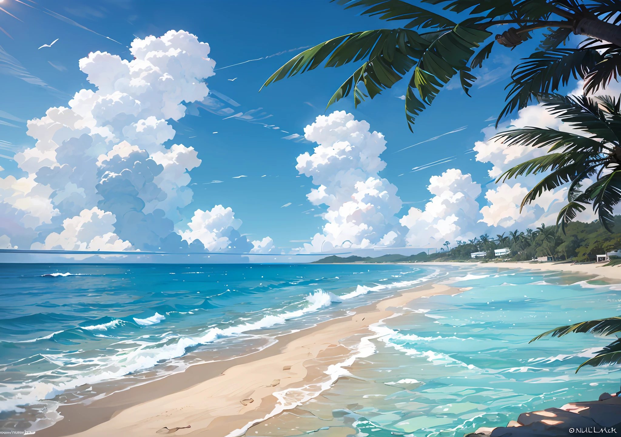 There are watermelons and umbrellas on the beach，the ocean，coconut palms，suns，Hot summer，8K，ultraclear，high qulity， --auto