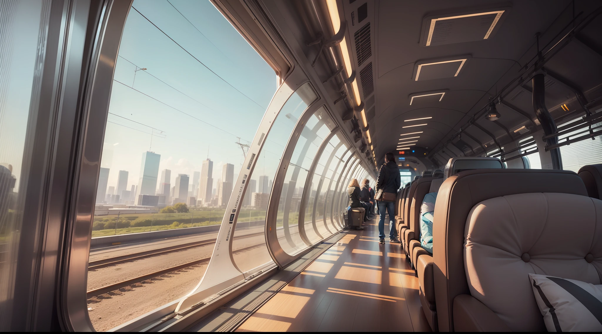 High-speed rail seats look out, Close-up high-speed rail windows, View from the window, High-speed rail windows with realistic details, No need for characters, Surrealism, high detail, Realism, Hyperrealism, Verism, cinematic lighting, ray tracing, Fujicolor, UHD, masterpiece, ccurate, super detail, high details, high quality, award winning, best quality, highres