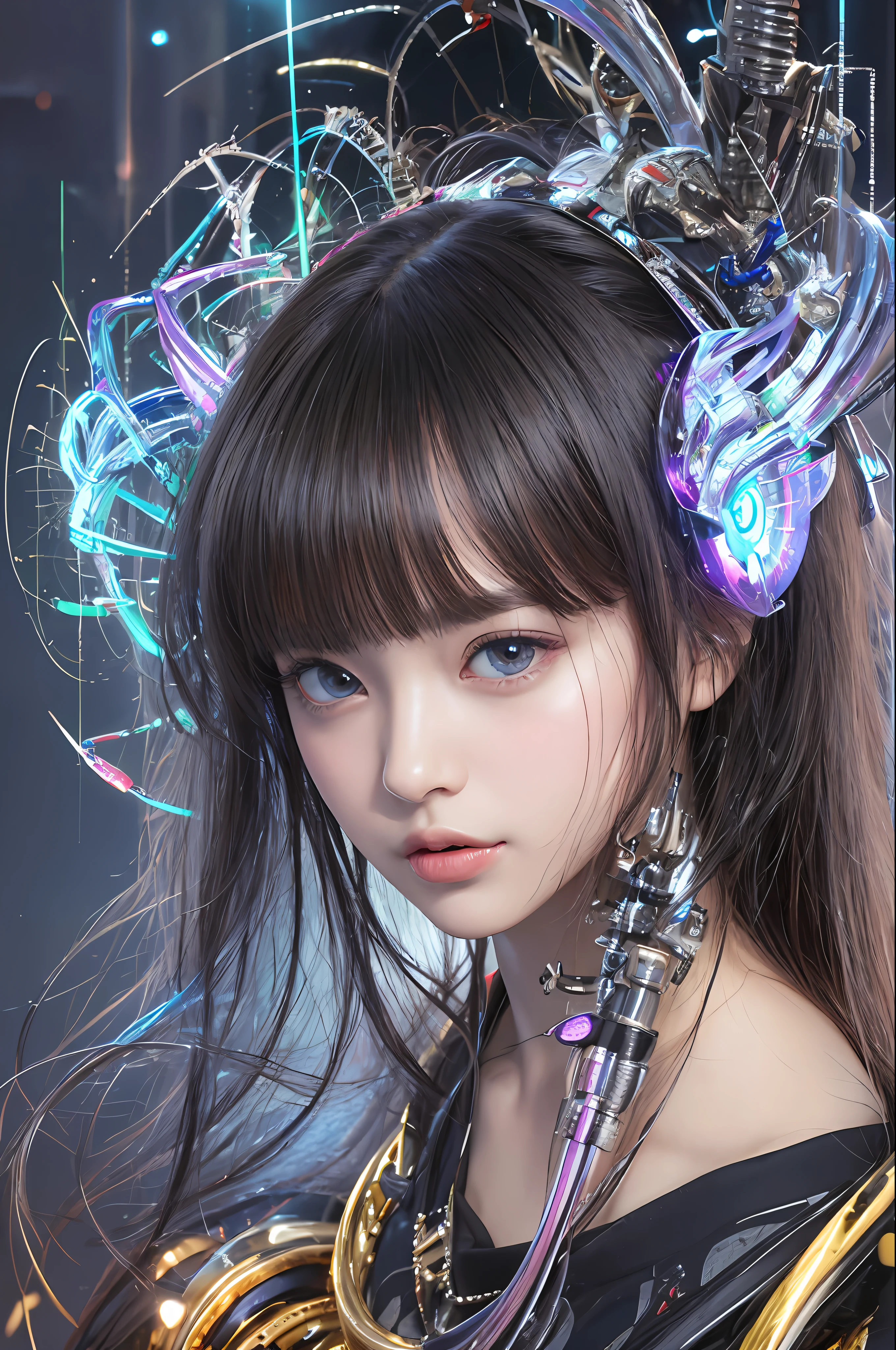 top-quality、masterpiece、超A high resolution、(Photorealsitic:1.4)、Raw photo、1人、Black hair、glowy skin、Cyberpunk Girl、((super realistic details))、portlate、Global Illumination、Shadow、octan render、in 8K、ultrasharp、huge tit、Raw skin is exposed in cleavage、metals、Details of complex ornaments、Gothloli details、Luminous tube、Analog Meter、gear wheel、gear、Golden hydraulic cylinder、highly intricate detail、Realistic light、CGSoation Trends、a purple eye、radiant eyes、Facing the camera、neon details、Mechanical limbs、blood vessels connected to tubes、Mechanical vertebrae attached to the back、mechanical cervical attaching to neck、sitting on、Wires and cables connecting to the head、Small LED lamp、
