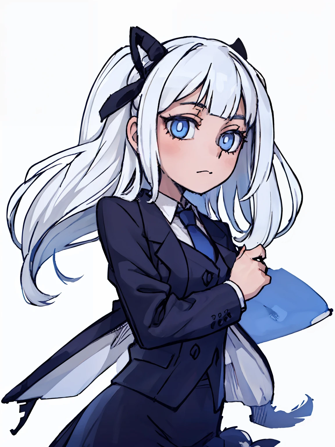 A girl frontal,((two sides up),(A half body),(White color hair),(blue color eyes)),In black suit,Blue lining,Young, White background